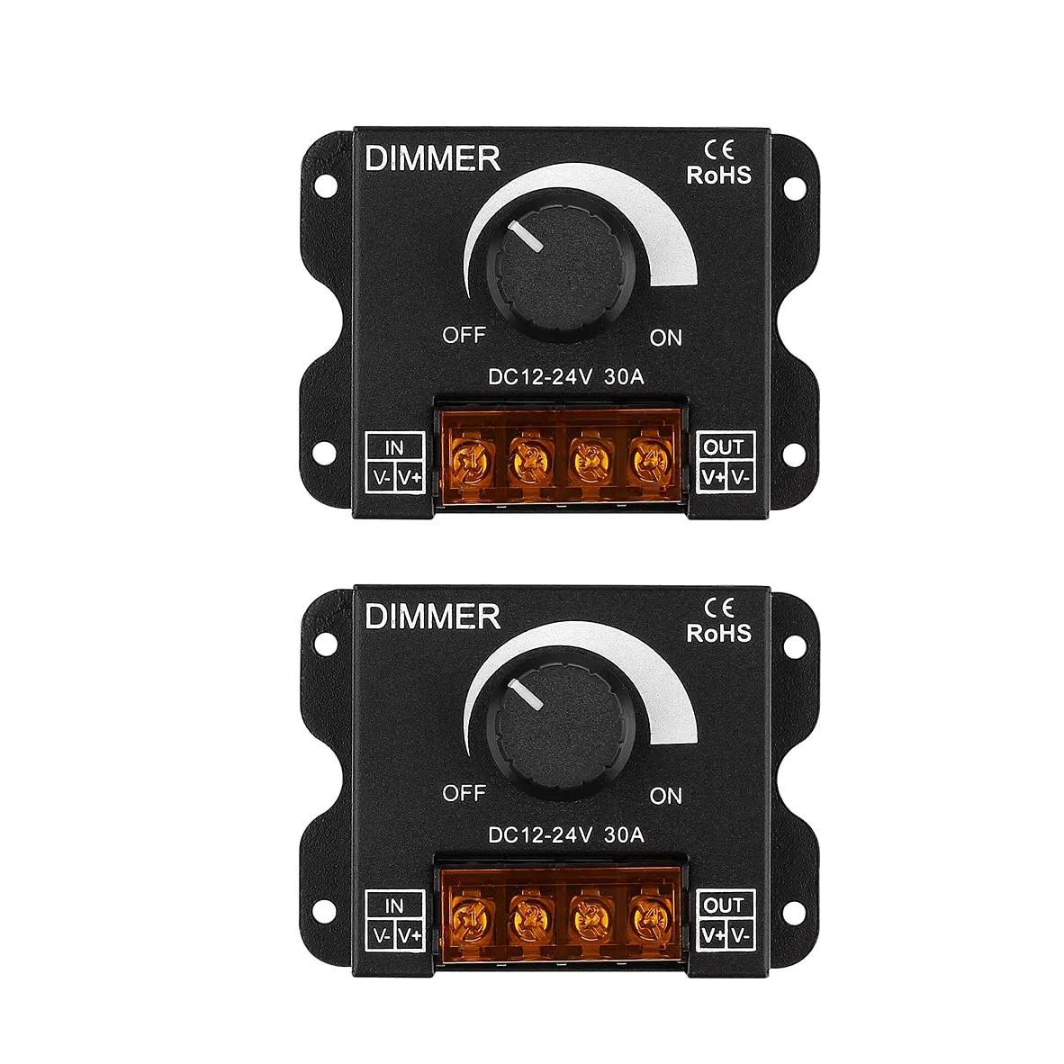 Regulador de luz LED de 2 unidades, controlador de atenuación DC 12V-24V 30A PWM, interruptor de encendido/apagado de ajuste de la perilla del atenuador, con carcasa de aluminio