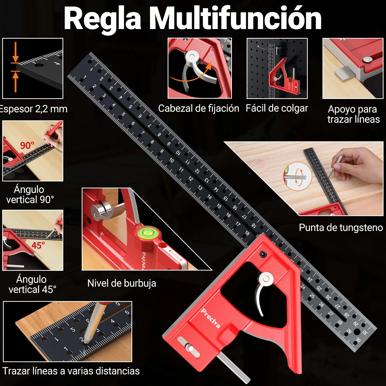 Kit de Carpintería, Escuadra Carpintero Multifuncional, Lápices de Carpintero con Sacapuntas y Estuche, Regla Metálica con Nivel Burbuja para Carpintero, Construcción, Dibujo