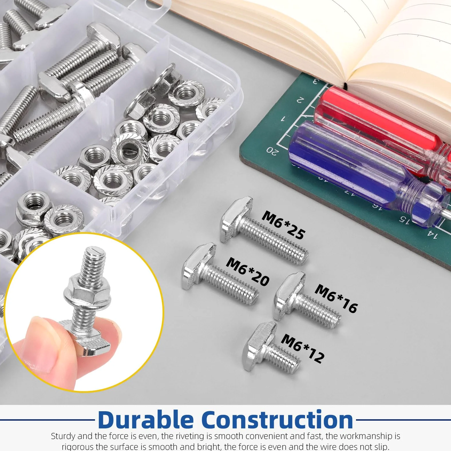 Glarks 80 pernos M6 con ranura en T con juego de tuercas de brida hexagonal, perno en T de cabeza de martillo de 12/16/20/25 mm, tornillo deslizante en forma de T, perno de tornillo en T para perfil