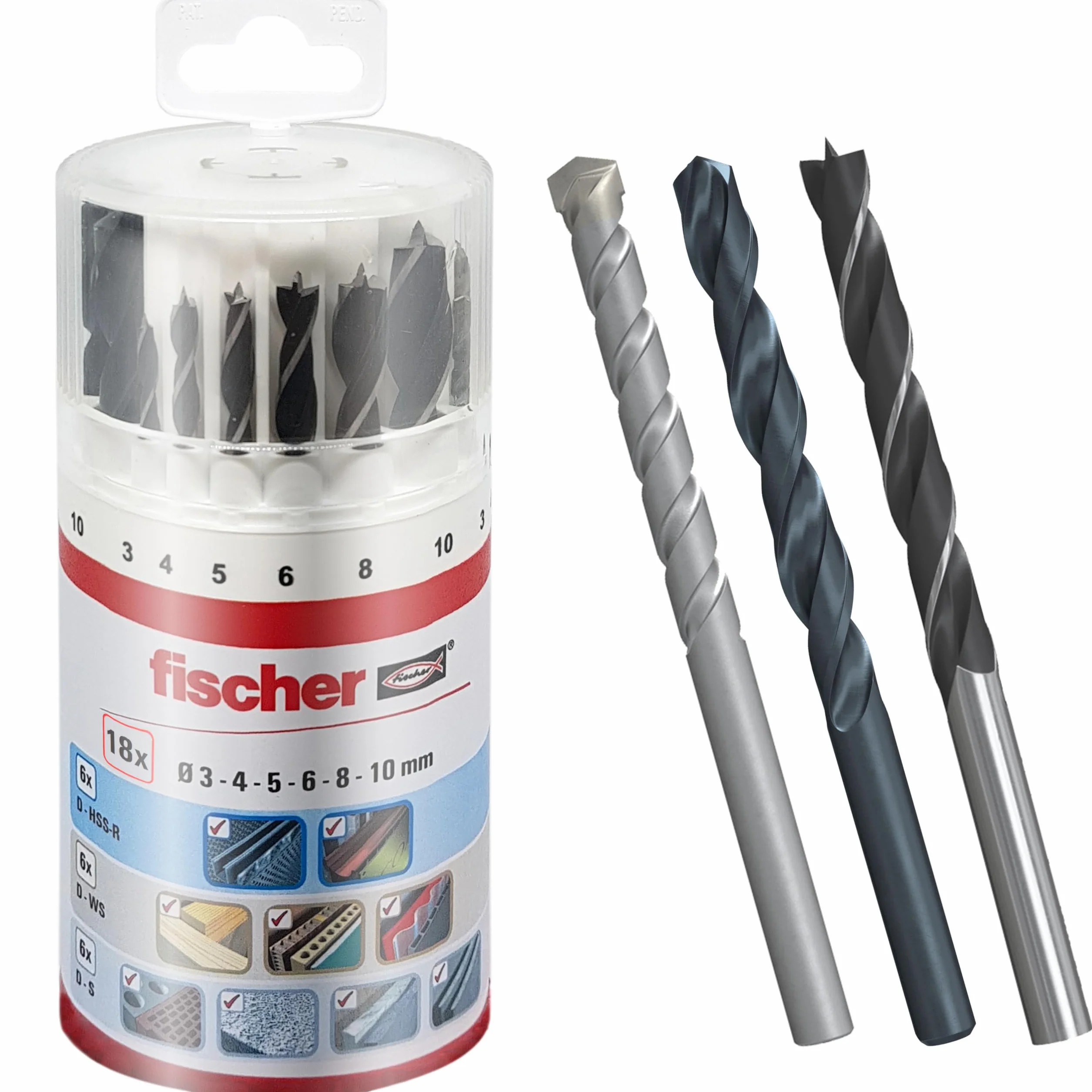 fischer - Kit de Brocas Profesionales para Taladro, 18 Piezas Versátiles para Pared, Madera, Metal, Juego Surtido con Diámetros de 3 a 10 mm, Durables, para Bricolaje y Profesionales