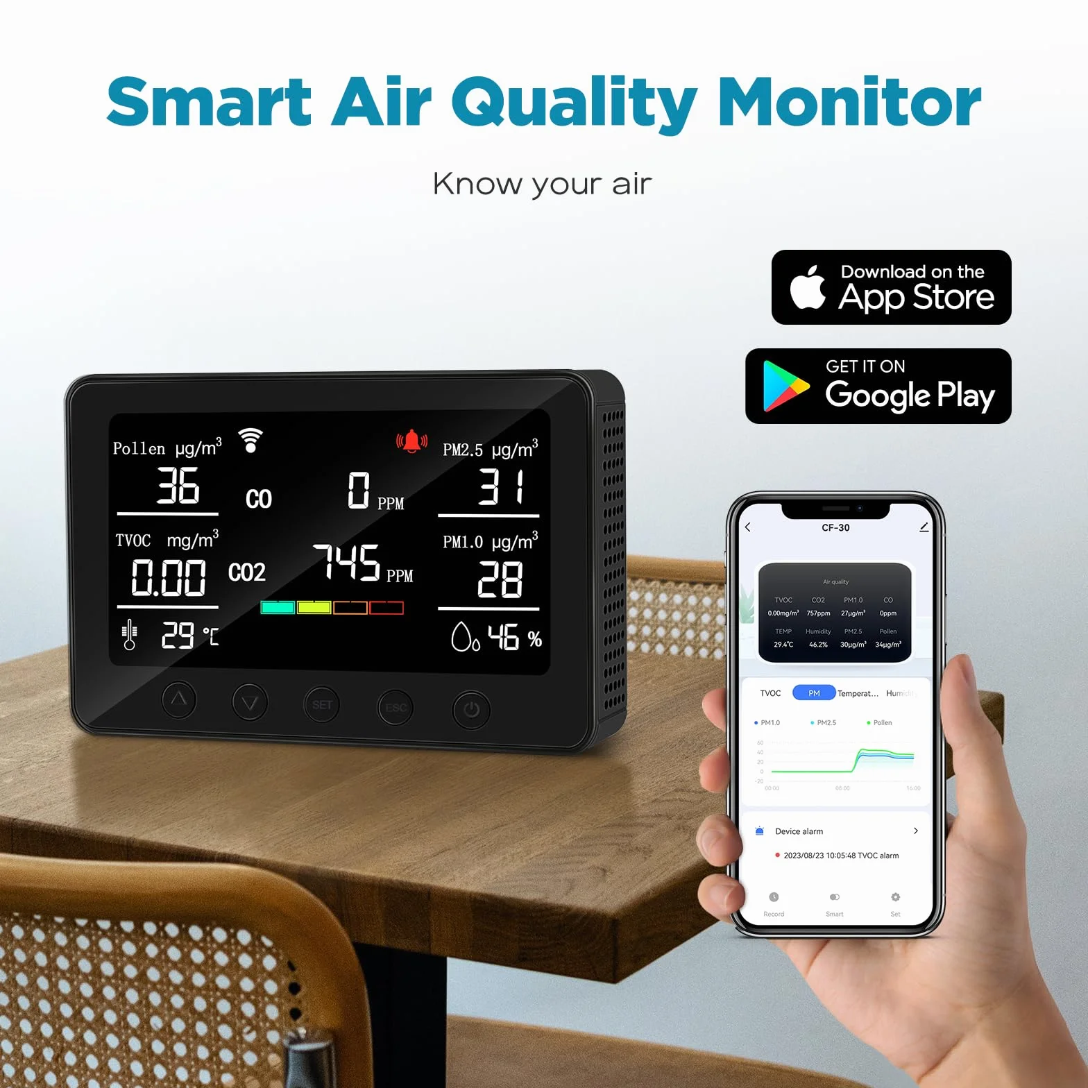 CF-30 Monitor de calidad del aire para interiores para polen, CO2, PM2.5, PM1.0, TVOC, temperatura, humedad, contaminación del aire con pantalla LCD grande, APP para configuración e historial