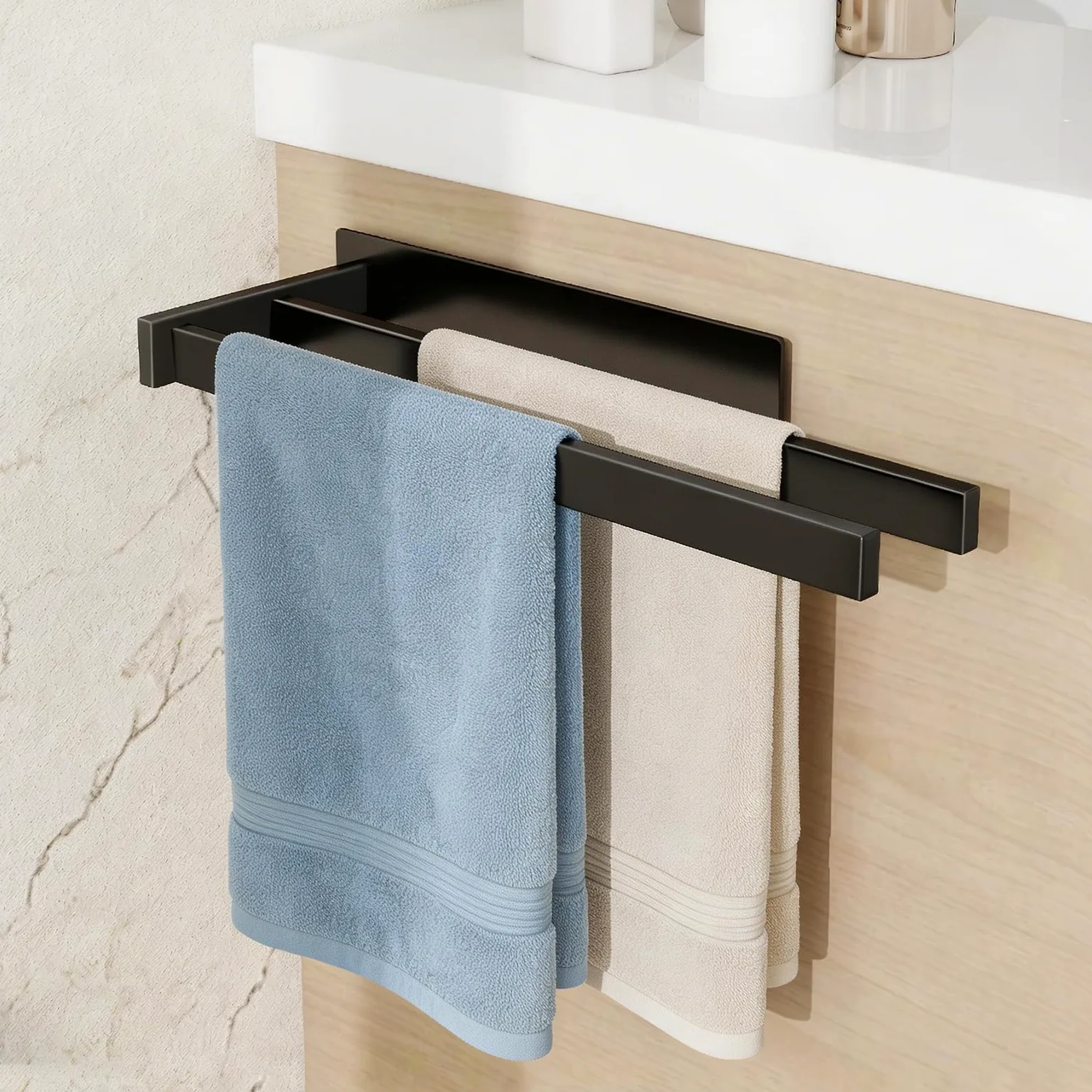 Feligio Toalleros de Baño Sin Taladro Negro 36 cm - Toallero Adhesivo Baño Acero Inoxidable Doble Barra - Fácil Instalación para Cocina y Baño