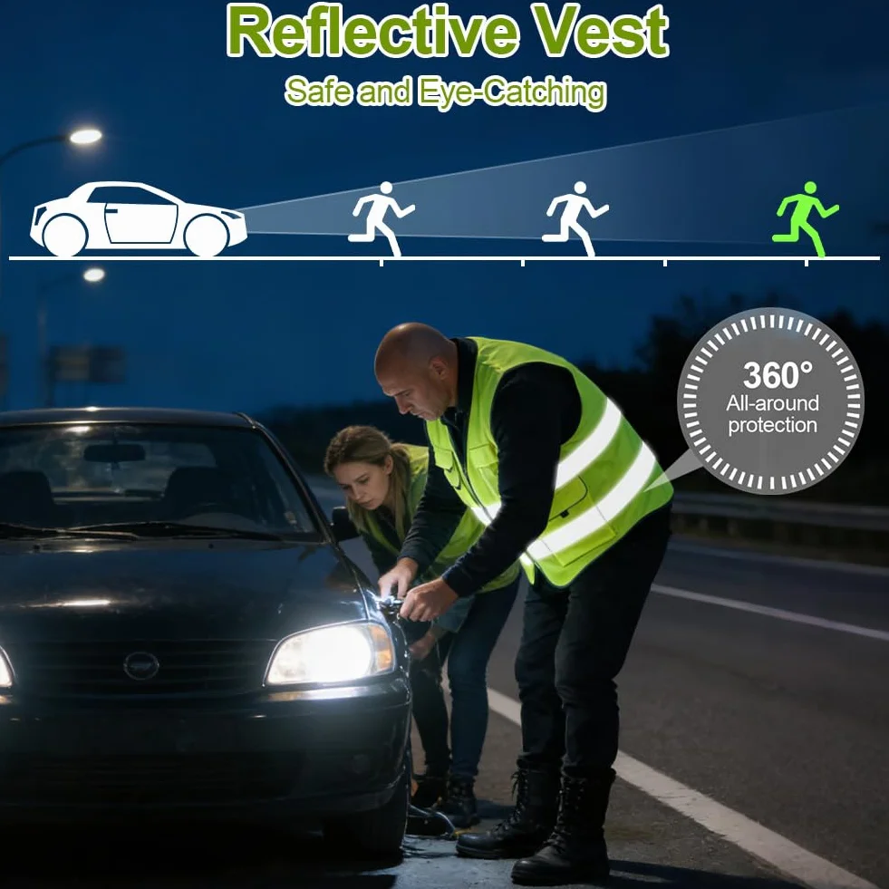 Chaleco de Seguridad Reflectante, Chaleco de Seguridad de Alta Visibilidad, Chaqueta de Chaleco Cremallera Brace Seguridad Teléfono Móvil Titular de Id de Bolsillo
