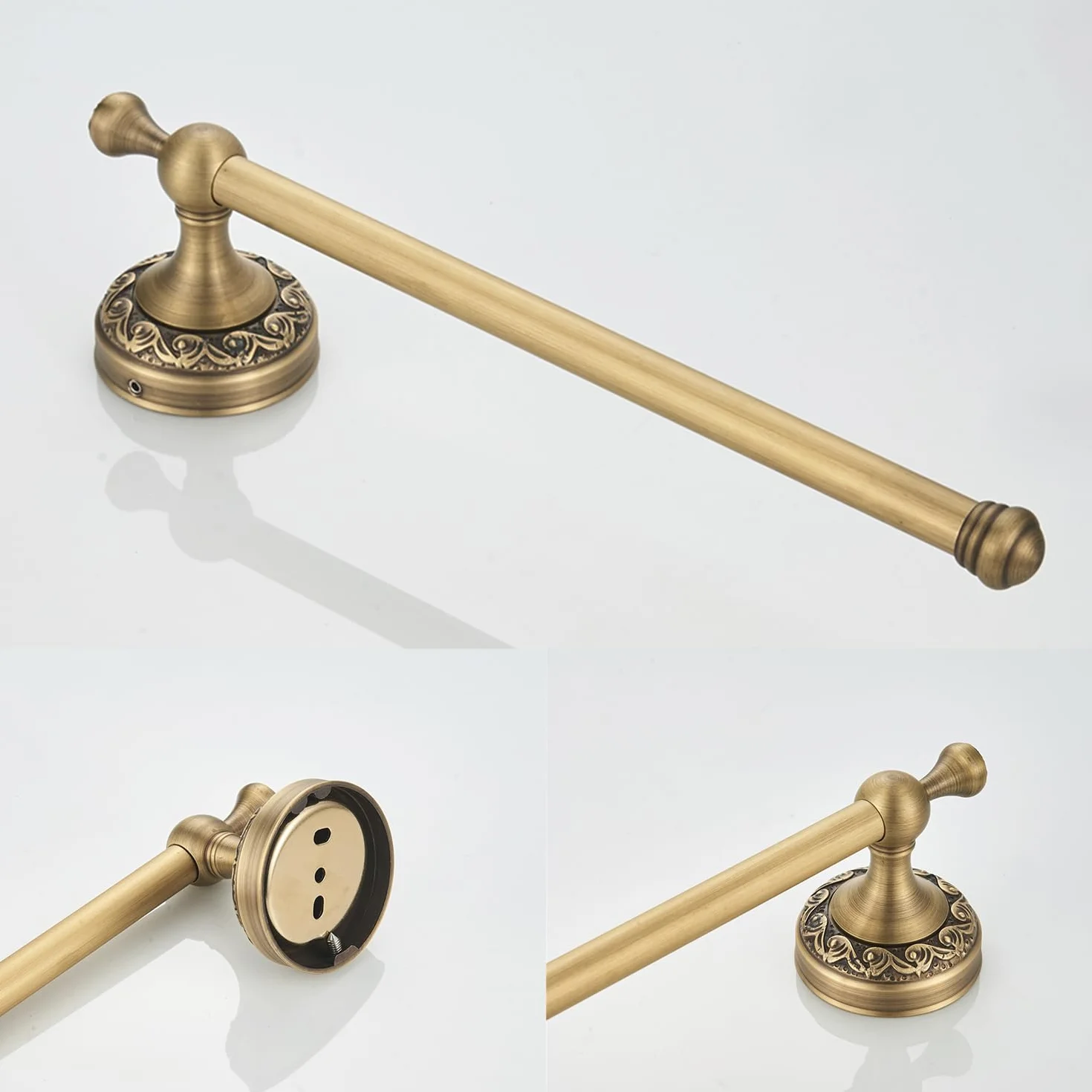 Flybath Toallero abierto de latón envejecido con patrón tallado, soporte para toallas de baño, montaje en pared, bronce cepillado