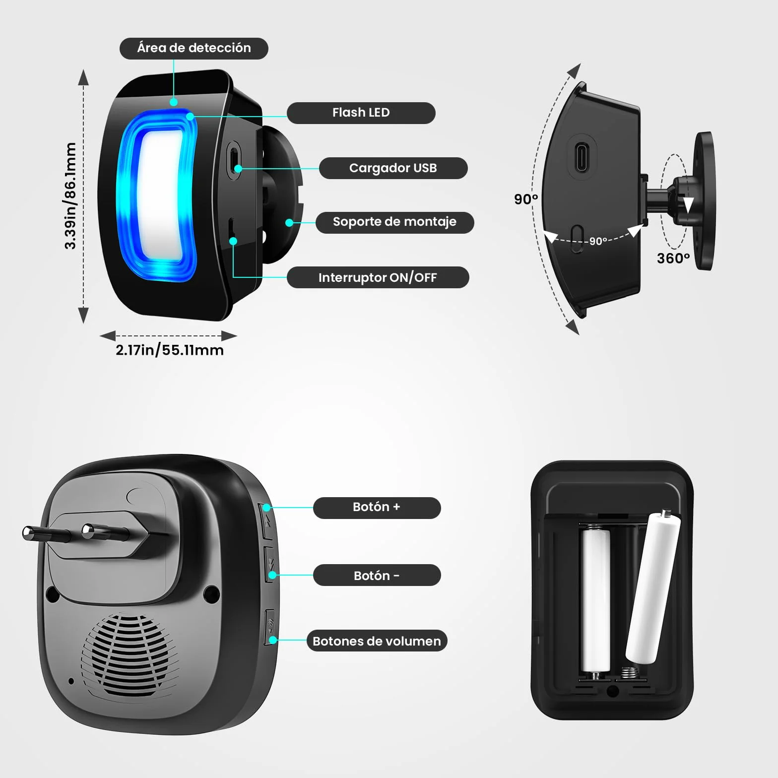 PHYSEN Sensor de Movimiento Inalámbrico con Alarma Sonora, Timbre, 58 Tonos + 5 Volúmenes, para Entrada/Hogar