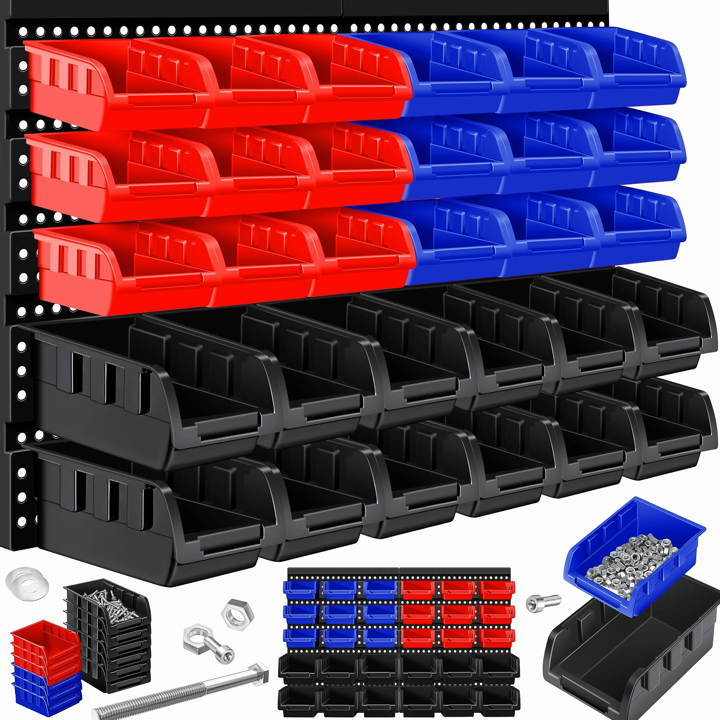 MASKO® Cajas Apilables, Estante de Pared, Cajas de Almacenamiento visibles, Estante Basculante, Estante Enchufable, 32 partes - Negro/Azul/Rojo