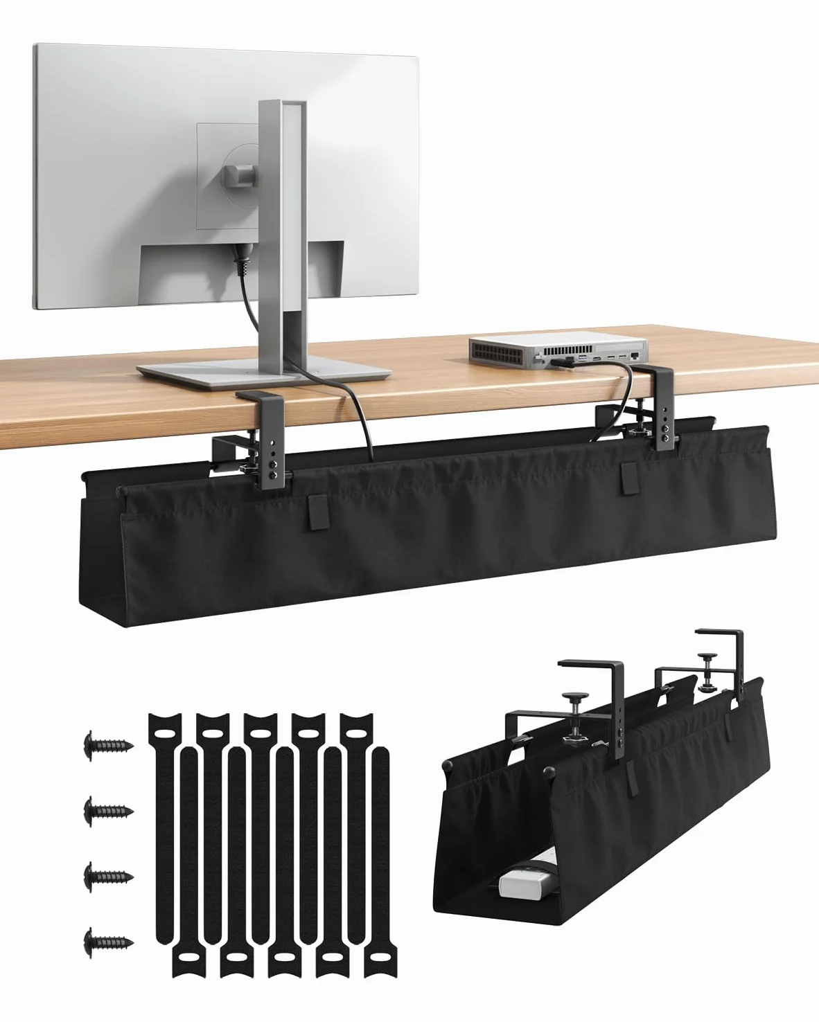 91cm Organizador Cables Escritorio Sin Taladro para Hogar y Oficina, Negro | Tela Estable, Fijación Pinzas/Tornillos, Acceso Fácil & Orden Individual, Adaptado Adaptadores & Cables Variados