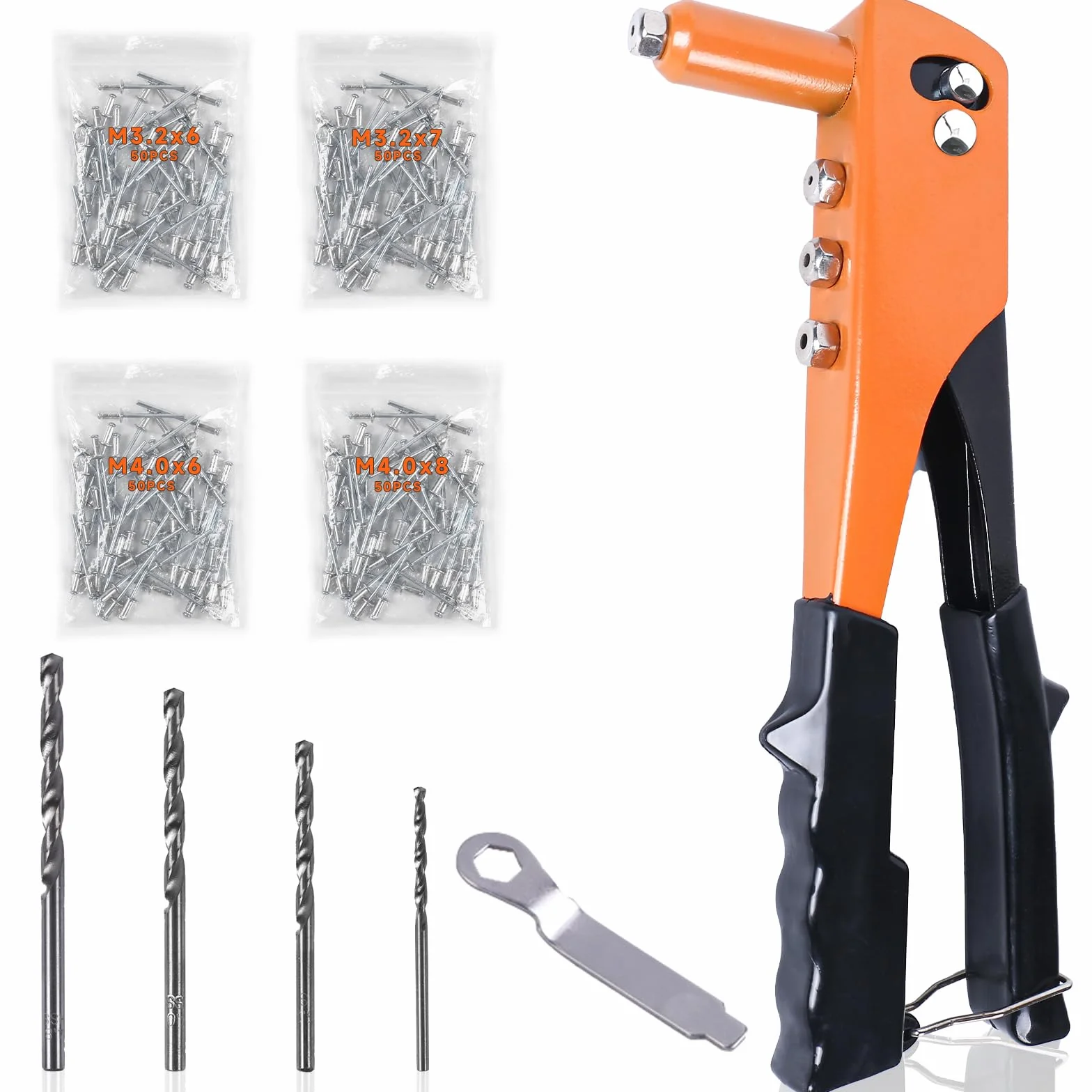 Remachadora Manual con 200 Remaches Roscados, 4 Brocas de Acero al Carbono, 4 Cabezales Intercambiables, Equipado para Remaches 2.4, 3.2, 4.0, 4.8 mm, Remachadora Ciega para Bricolaje