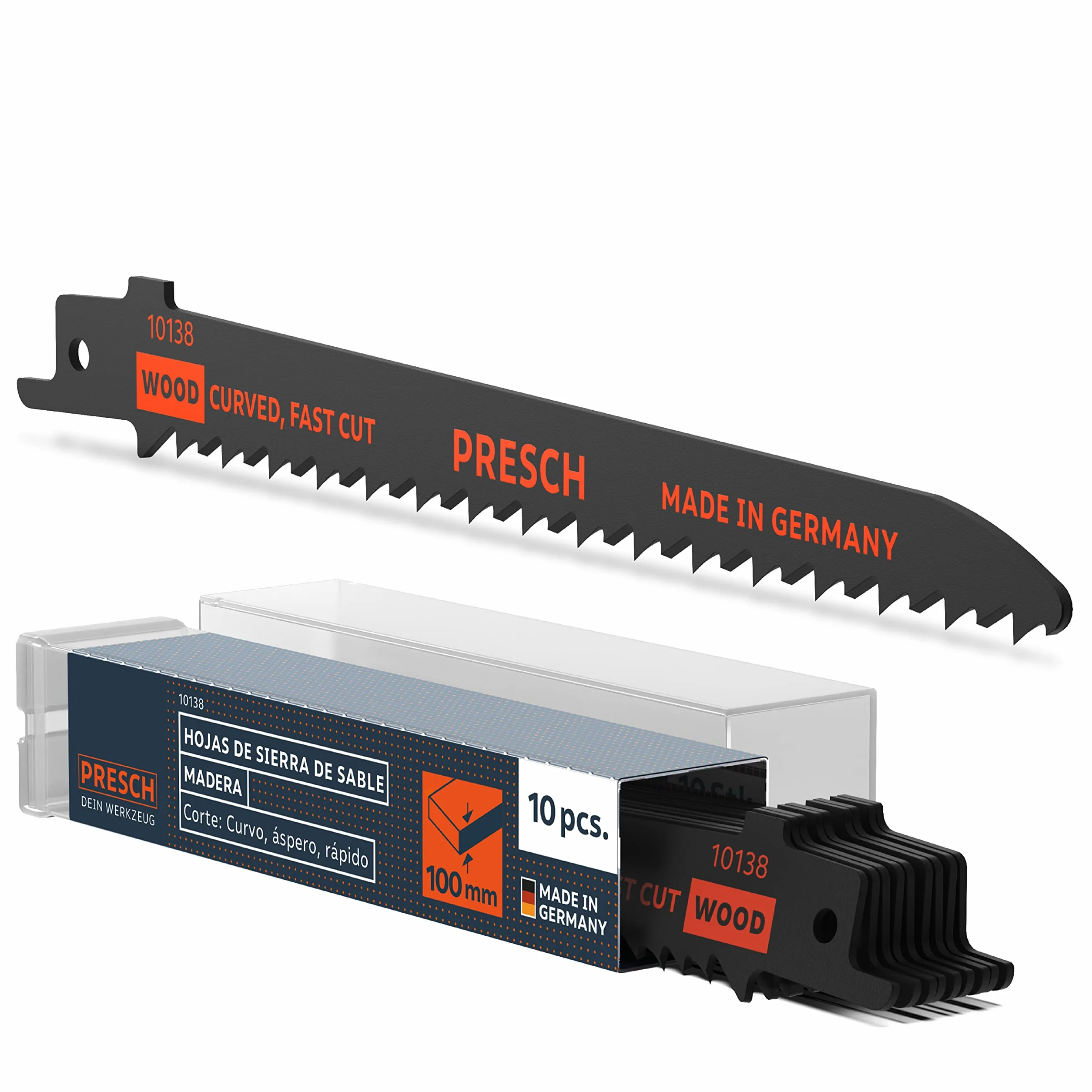 Presch Hojas sierra sable madera 130mm 10 piezas - corte curvo 6-100mm - Hojas de sierra para madera, cuchillos de cocina y más. - Juego de hojas de sierra con caja incluida