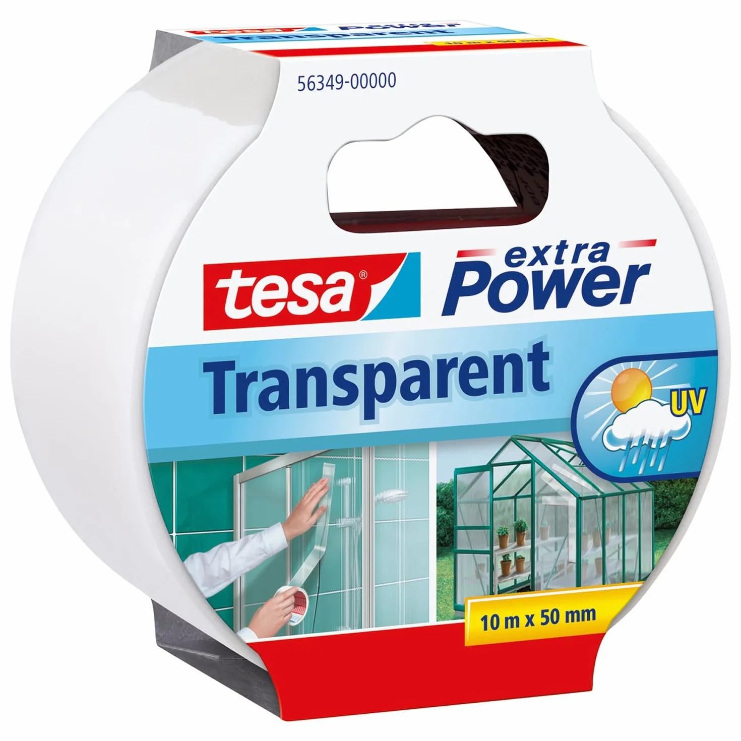 Tesa Extra Power Clear Duct Tape Cinta Impermeable de Reparación Transparente para Exteriores, 10 m x 50 mm