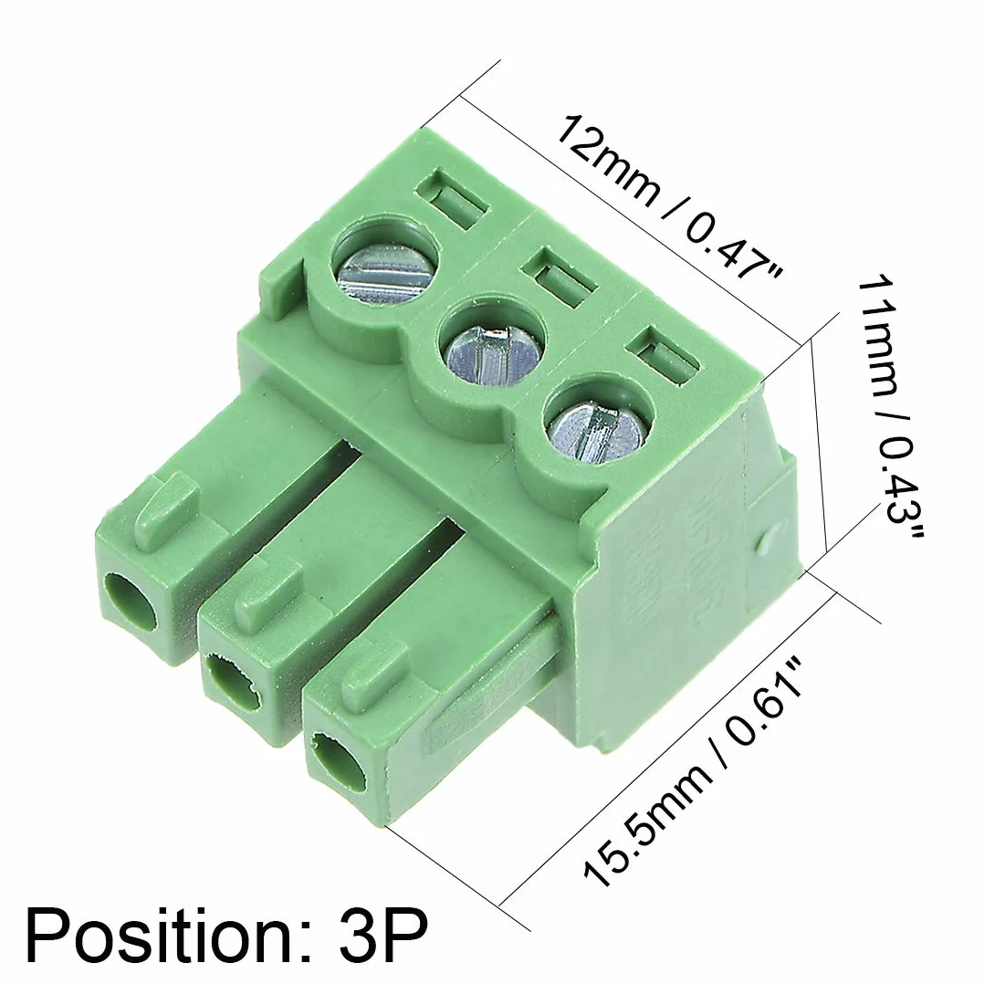 sourcing map 5 Pcs AC300V 8A 3.81mm Paso 3P Ángulo Plano Aguja Asiento De Enchufar Pcb Conector Del Bloque De Terminales Verde