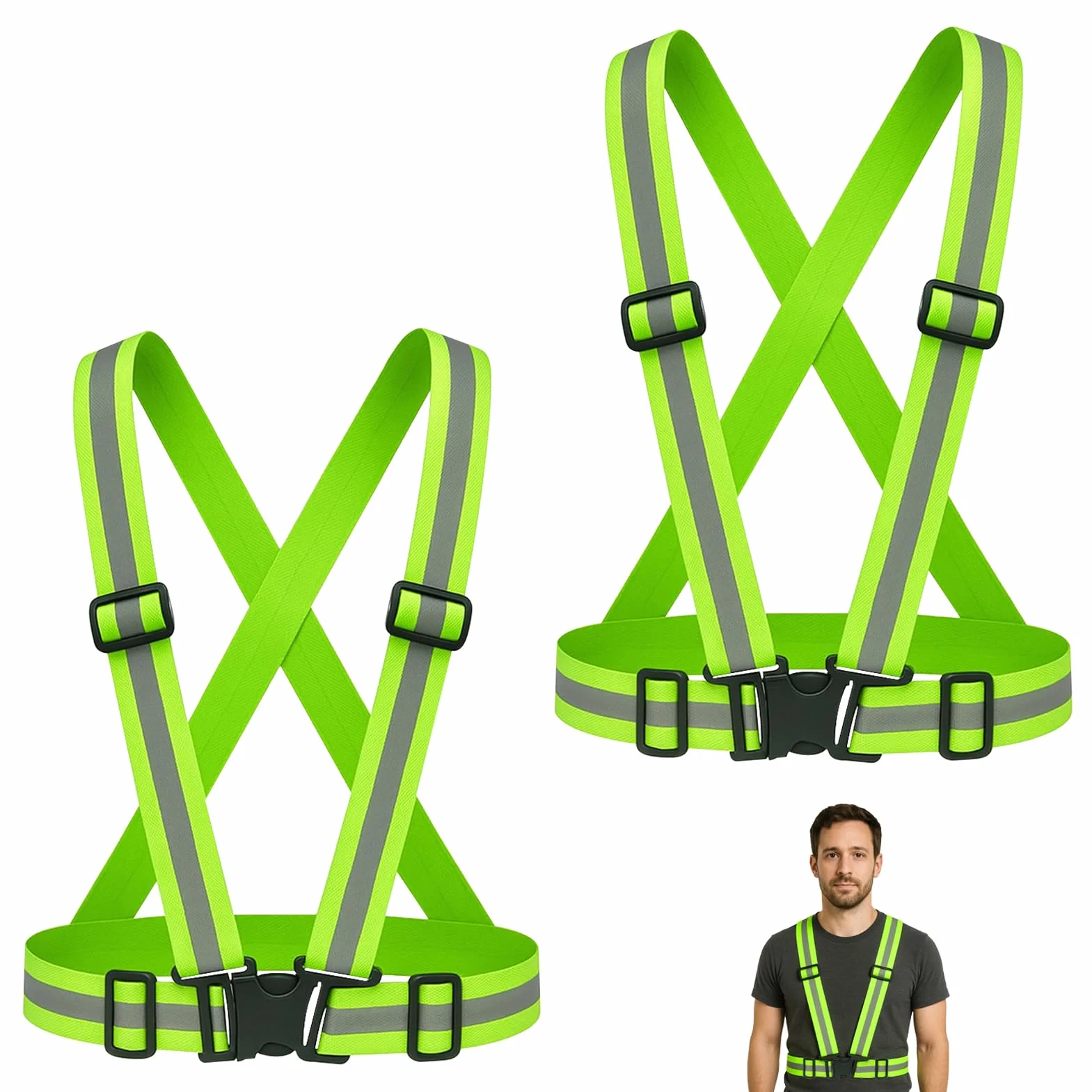 Chaleco reflectante de alta visibilidad de 2 piezas, cintura elástica ajustable, chaleco de seguridad transpirable para exteriores, para hombres y mujeres, ciclismo, motociclismo, jogging, verde