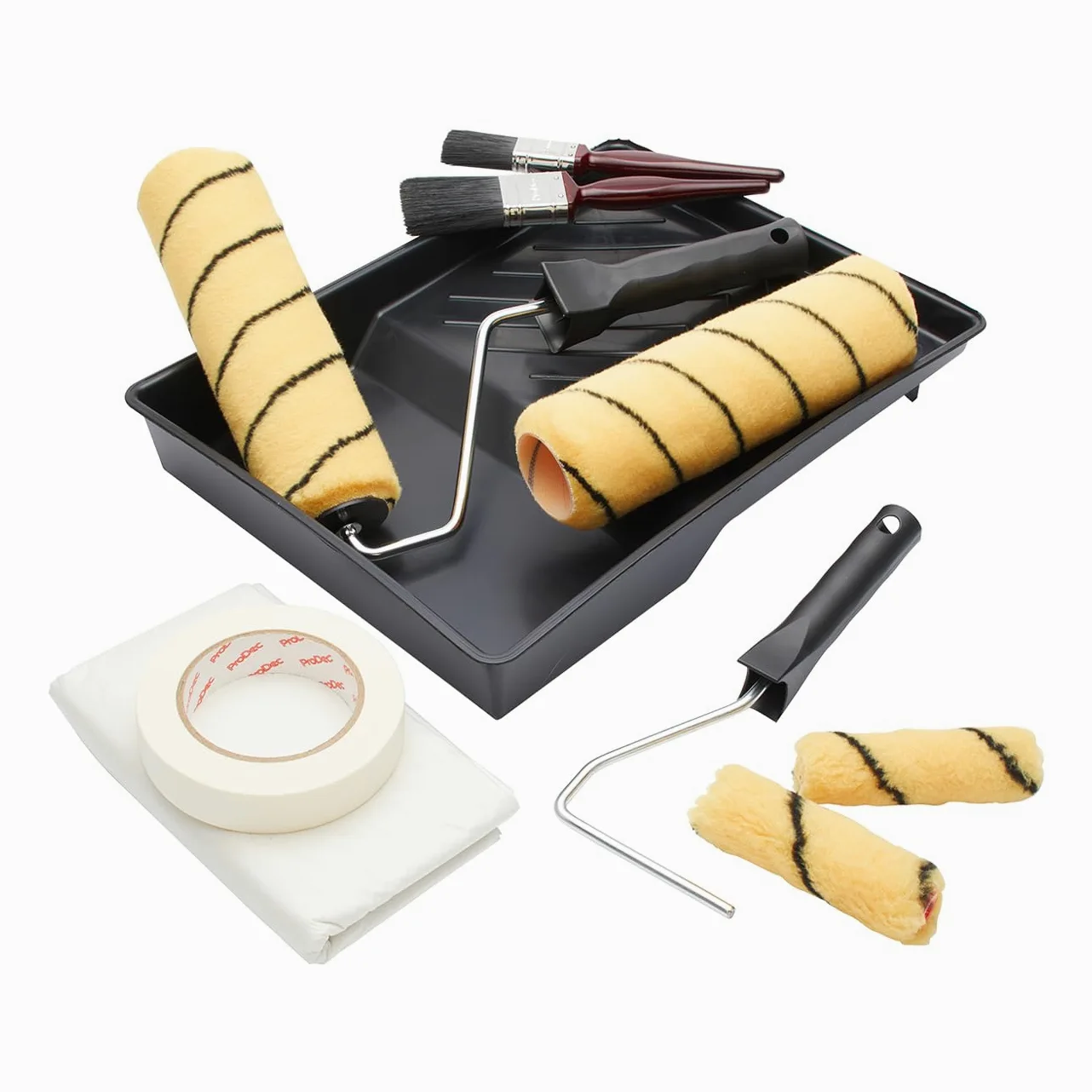ProDec Juego de 11 rodillos y bandejas profesionales para decoración del hogar con brochas de pintura, hoja para el polvo, cinta adhesiva - Juego de rodillos para pintar paredes y techos con emulsión