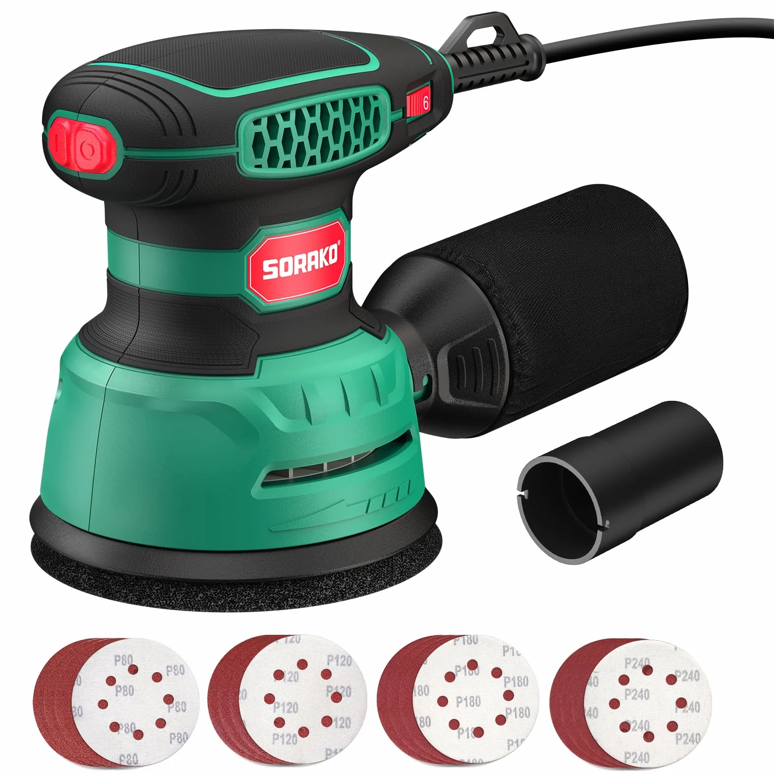 SORAKO Lijadora orbital aleatoria 350W 125mm,6 velocidades, 16 hojas de lija, sistema de extracción de polvo y freno rápido,Para carpintería y proyectos de bricolaje