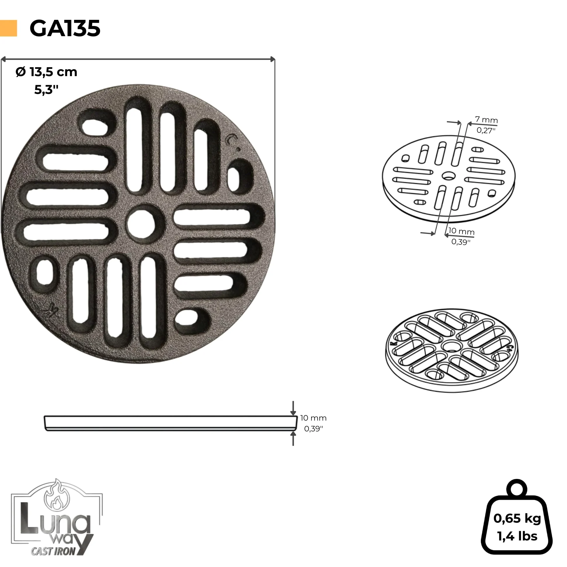 Rejilla de ceniza de hierro fundido circular | Reemplazo universal para estufas de madera, chimeneas y hornos | Grosor 1 cm, Ventilación optimizada | Diámetro 13,5 cm