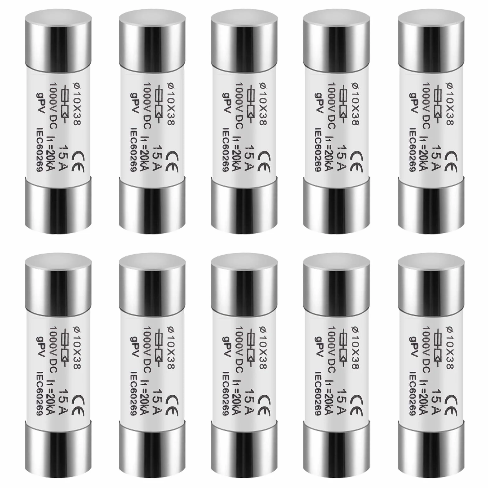 DEWIN Fusibles fotovoltaicos 10 Piezas 15 A 10X38 mm 1000 V DC para protección solar