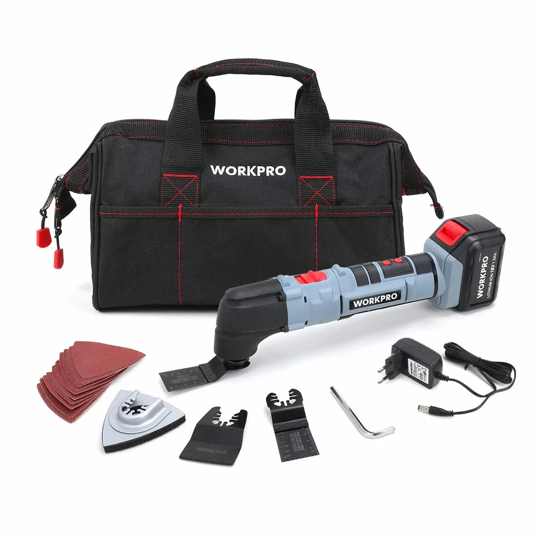 WORKPRO Herramienta Multifuncional a Batería 20V, Herramienta de Oscilación de 5 Velocidades 0-16000 RPM, con Batería y Cargador, 15 Accesorios y Bolsa de Almacenamiento, para Cortar, Lijar y Raspar