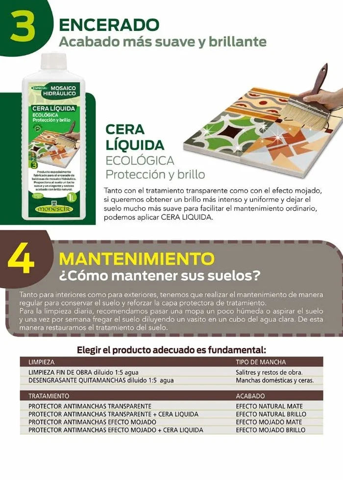 Monestir Cera Líquida Ecológica Mate, especial mosaico hidráulico 1L