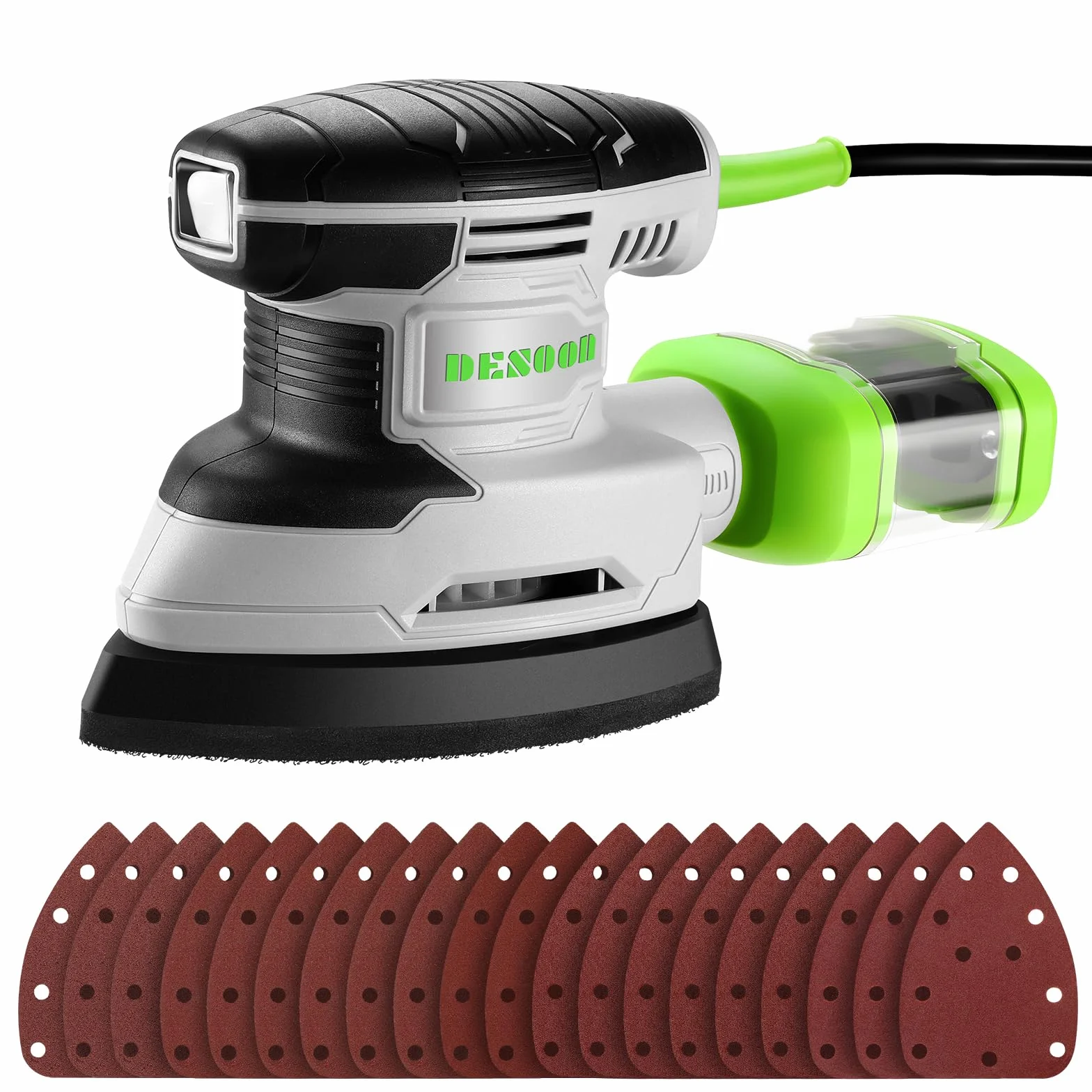 DESOON Lijadora de Madera Eléctrica con Cable de 180 W, 13 000 RPM, con Función de Recogida de Polvo y 20 Hojas de Lija, para Trabajos de Lijado, Pulido y Proyectos de Bricolaje en Madera