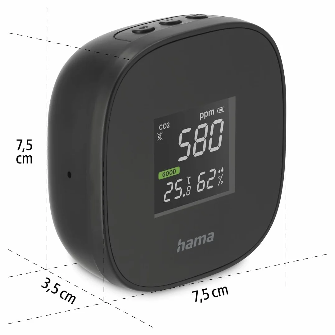 Hama | Detector de la Calidad del Aire (Medición de CO2, de la Humedad y de la Temperatura, con batería Recargable), Color Negro