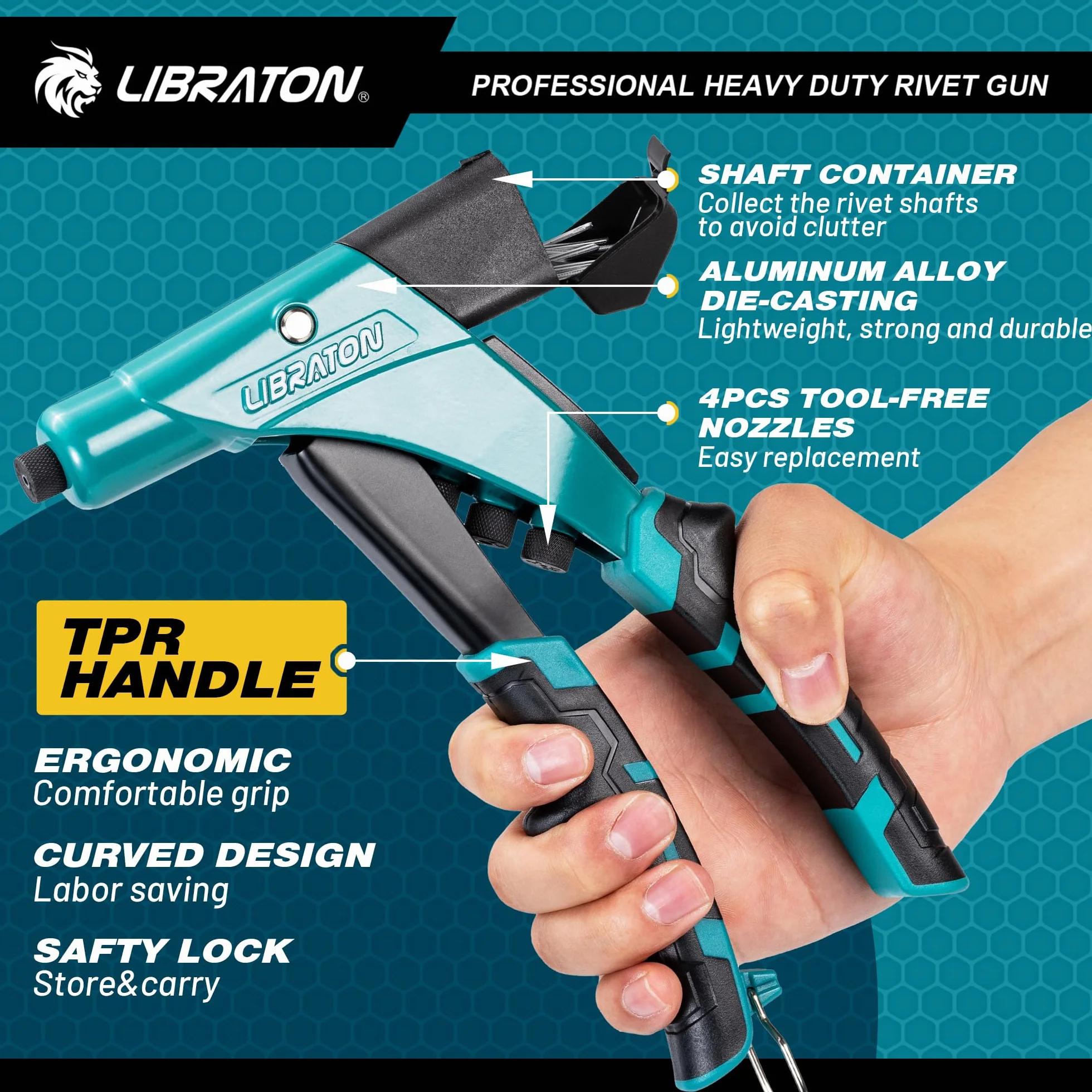 LIBRATON Remachadora Manual, Pistola Remachadora, Remachadora Profesional con Contenedor de Eje, Herramienta de Remachado, Boquillas Intercambiables Sin Herramienta, para Remachar Remaches De Aluminio