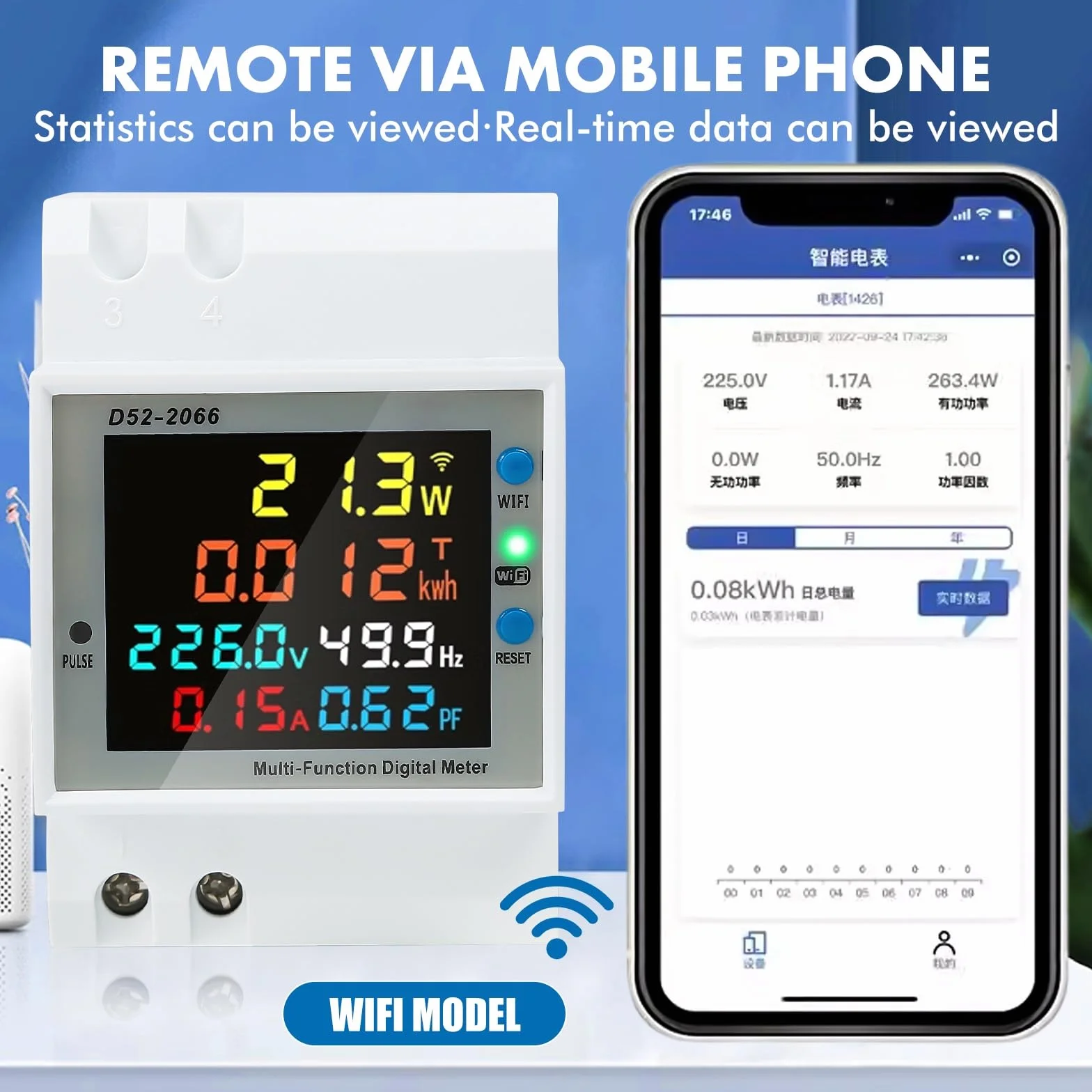 DEWIN Medidor de Consumo Electrico WiFi, AC 40-300V 100A 6 en 1 Contador Electrico Medidor de Electricidad Digital Contador de Energía Monofásico (WiFi)