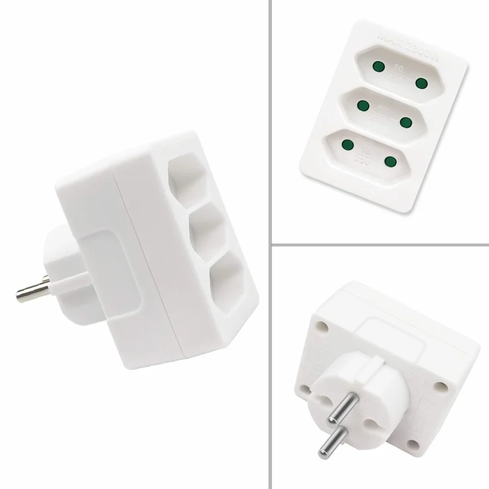 EXTRASTAR 3 en 1 Adaptador Plano con 3 Enchufes Schuko, 2300W, 10A, 250V, Blanco, 2 pcs