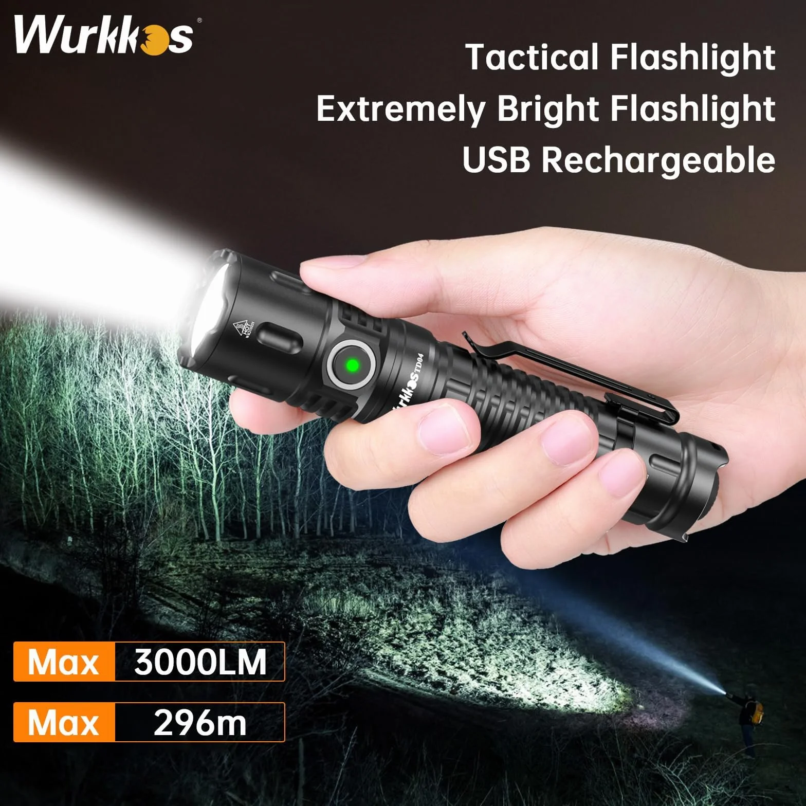 Wurkkos TD04 Linterna Led Táctica Recargable 5000mAh de potencia, 3000 Lumen, Linterna linterna edc con Interruptor Táctico Negro, IPX8,linterna led recargable linternas led alta potencia