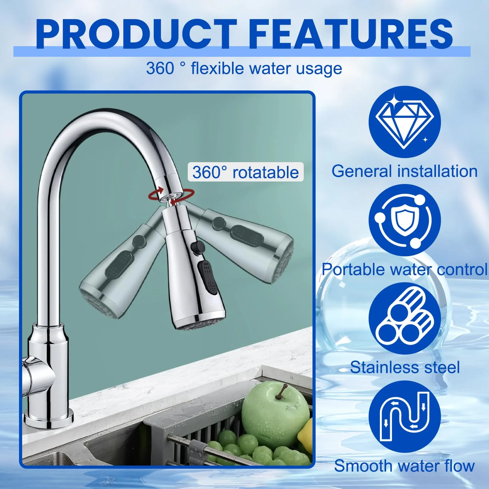 Aireador Grifo Cocina Giratorio 360°, Adaptador Universal 3 Modos Ajustable, Boquilla Anti Salpicadura