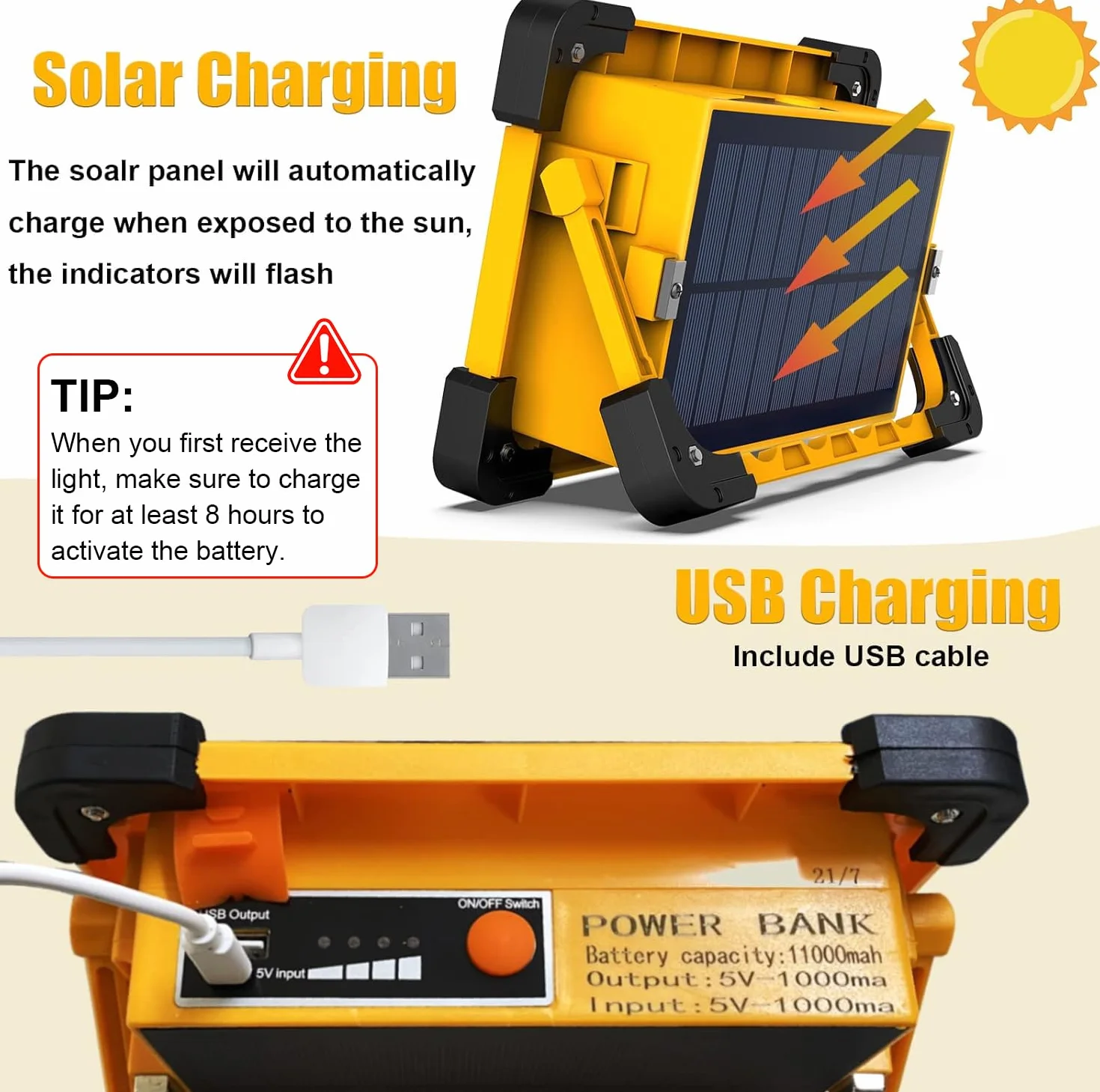 80W Foco LED Recargable Solar, 4 Modos Luz de Trabajo Portátil USB con Baterías 6000 mAh, IP65 Impermeable Lampara Camping con Iman para Emergencia, Pesca, Taller, Obra