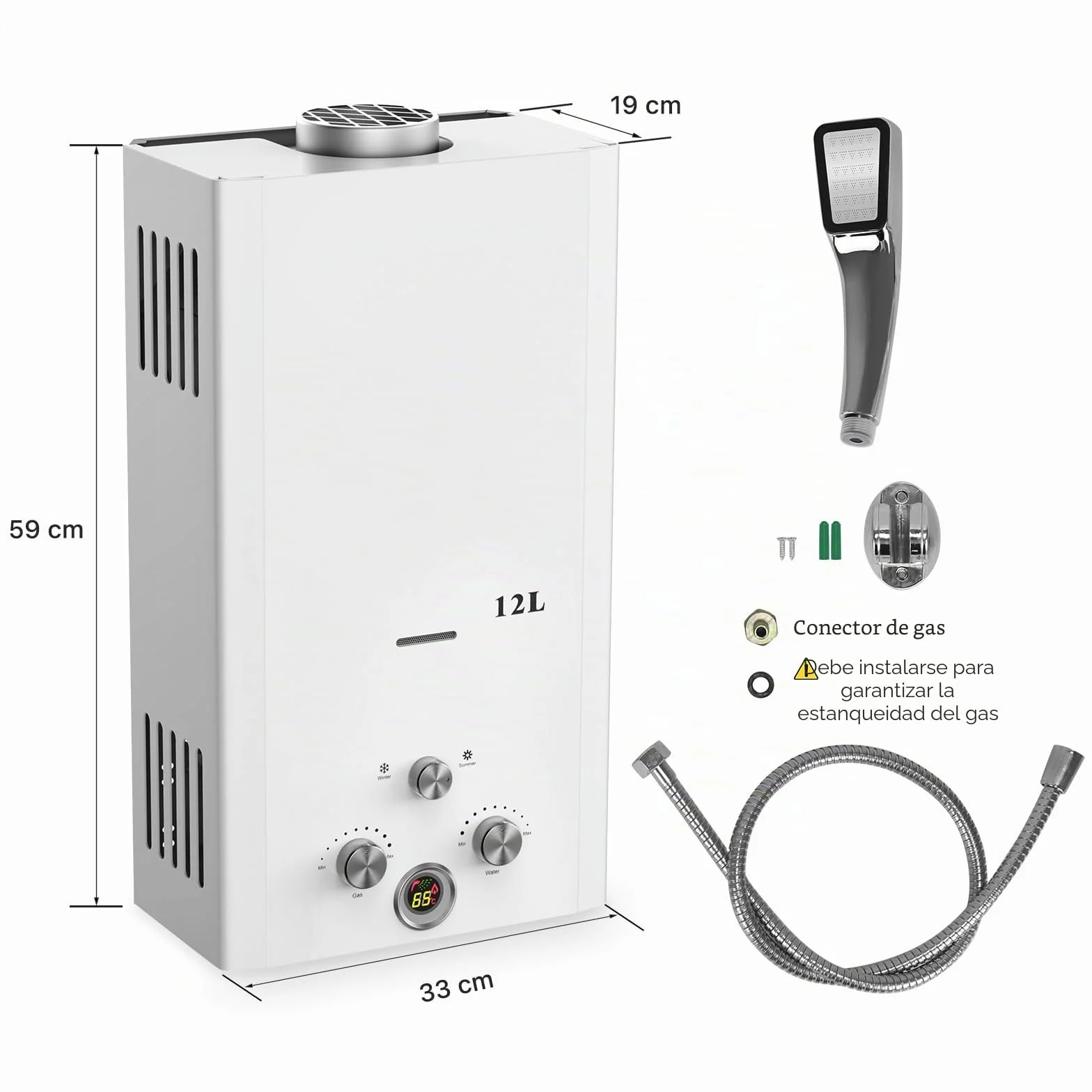 Xverycan Calentador de Agua Butano 12 LPM 24 KW Termo de Gas GLP Doble Encendido Baja Presión
