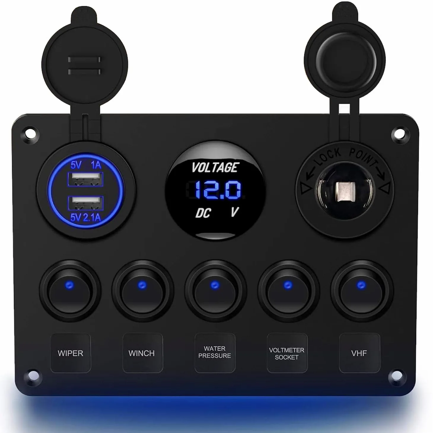 Greluma 1 Pieza Panel de interruptores basculantes 5 posiciones con interruptores automáticos,fusible línea de 15A,voltímetro digital,cargador USB y toma de encendedor 12V para barcos,automóviles