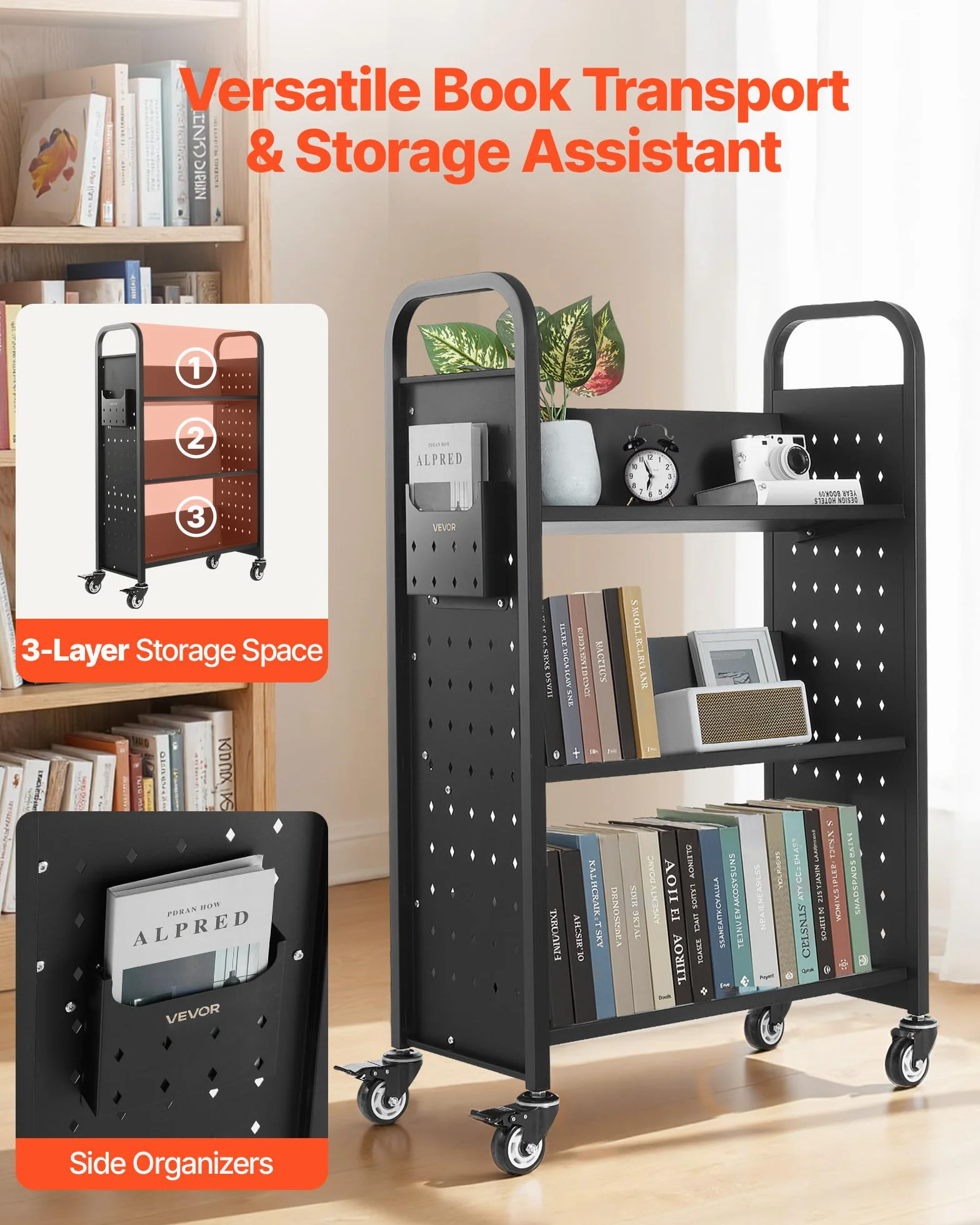 VEVOR Carro para Libros de 3 Niveles Estantería de Libros con Ruedas 77 x 38 x 122 cm Estante de Almacenamiento en Forma de V Carro Rodante para Biblioteca, Librería, Oficina, Escuela, Negro