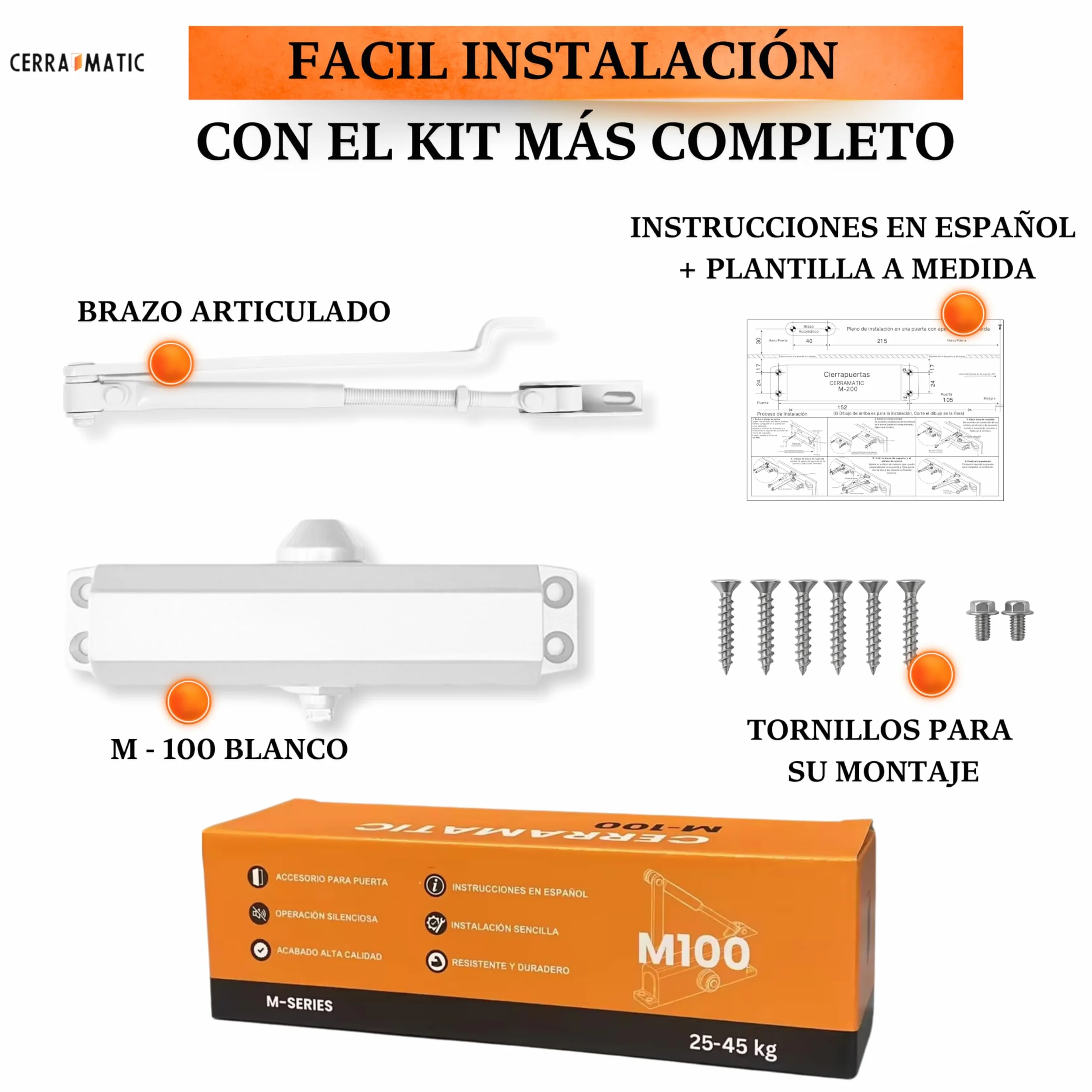 M-100, Cierrapuertas automatico, muelle puerta con brazo articulado hidráulico, muelle cierrapuertas de 25-40kg, cierre puerta, cierra puertas automatica.