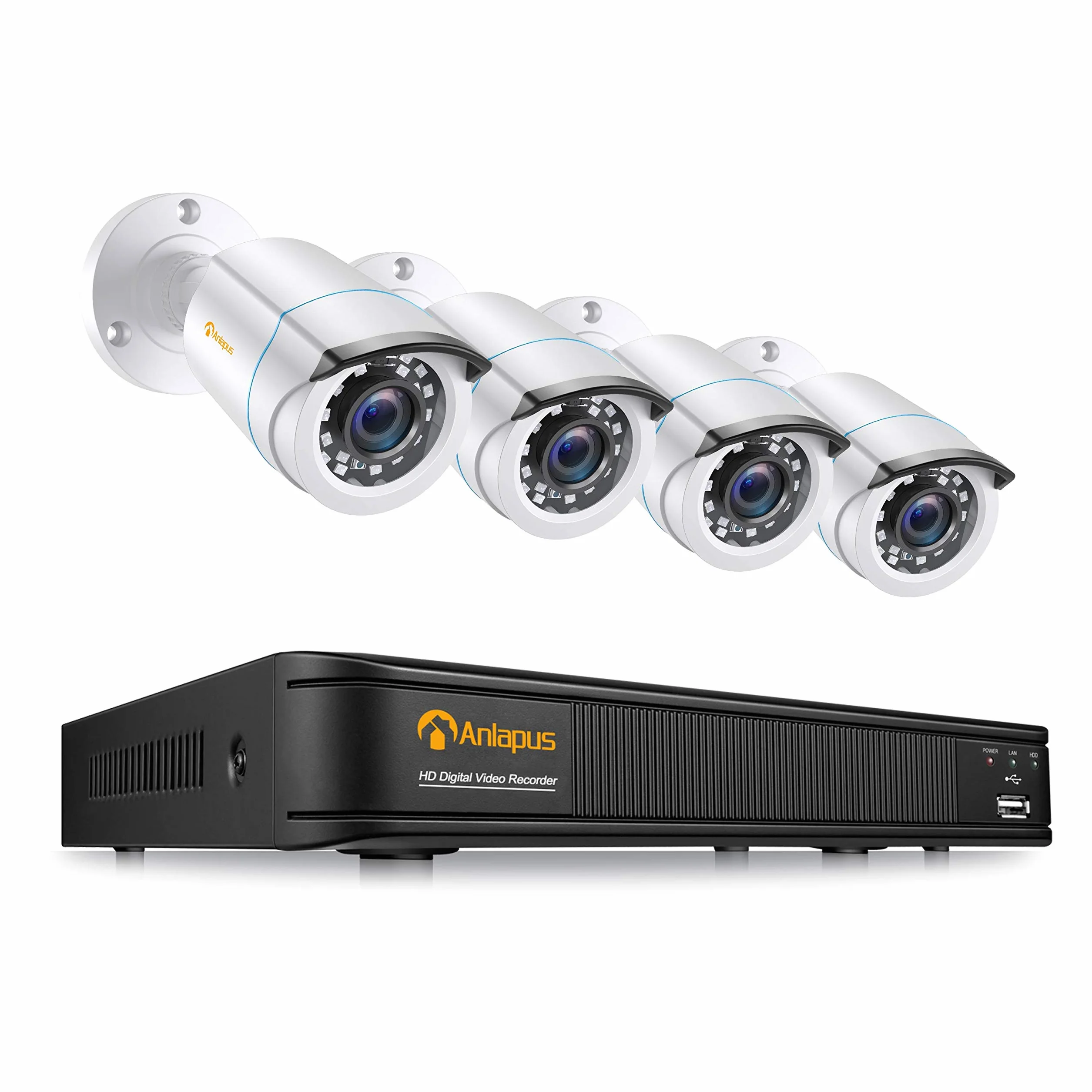 Anlapus 1080P CCTV Kit Sistema de Vigilancia 8 Canales H.265+ Videograbador DVR con 4 Cámara de Seguridad, sin Disco Duro, Visión Nocturna, Alarma Email