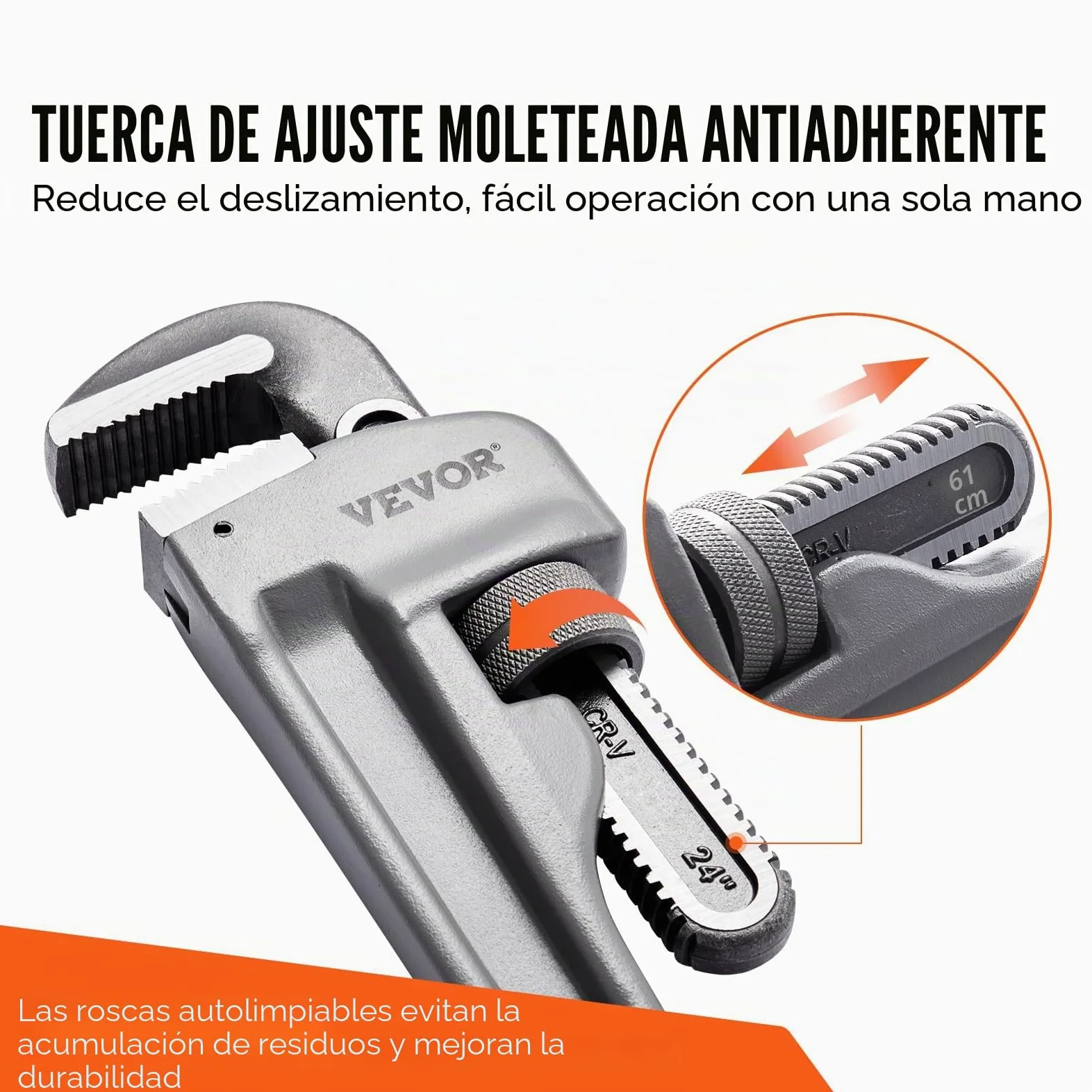 VEVOR Llave para Tubo Recto de Aluminio 61 cm Llave para Plomería Ajustable Mandíbula de Alta Resistencia Mango Ergonómico Fácil de Transportar para Tuberías de Agua Reparaciones de Automóviles