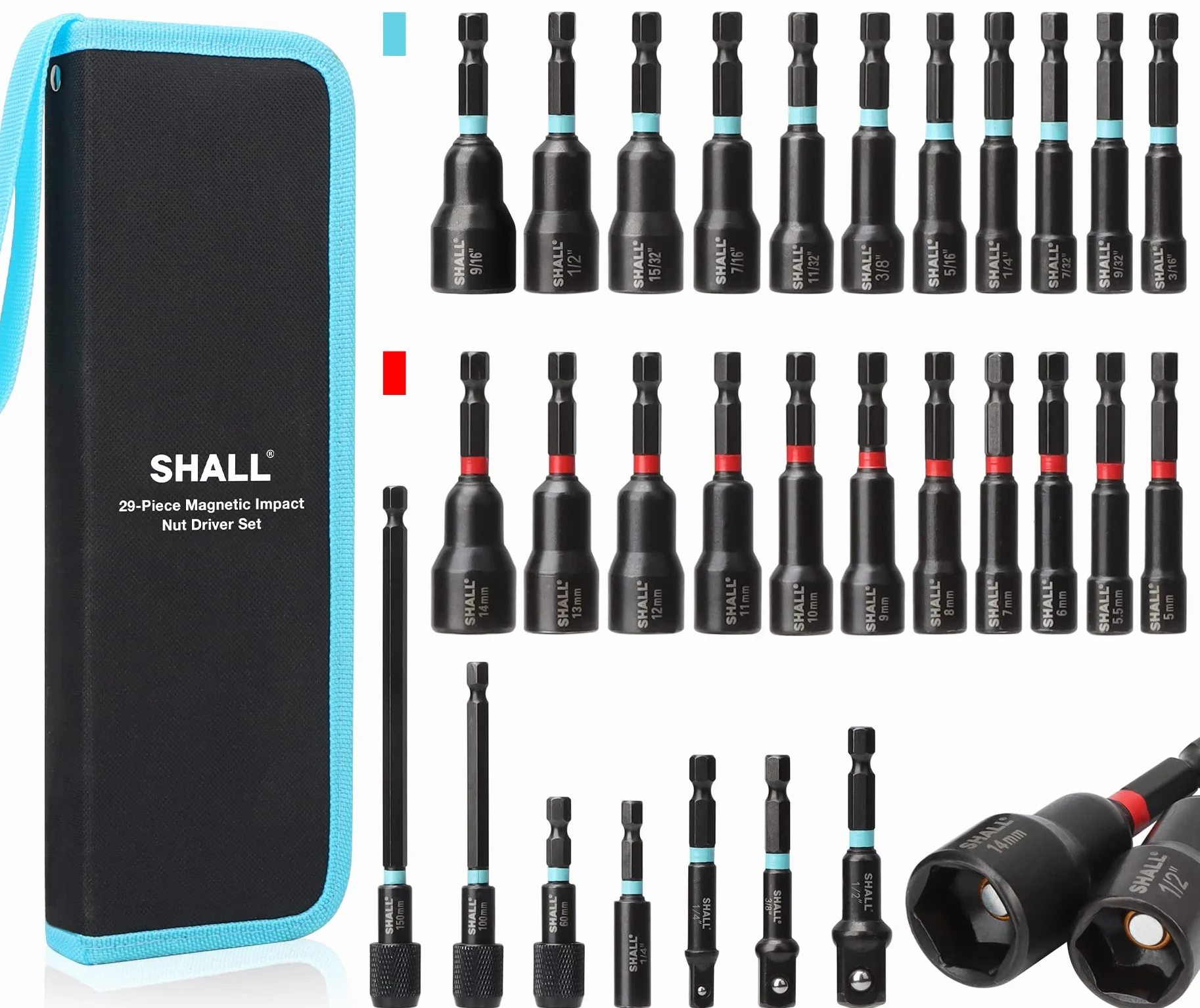 SHALL Juego de destornilladores de tuerca magnética de 29 piezas, broca de destornillador de impacto de 1/4 "vástago hexagonal, adaptadores de dados de impacto, portabrocas