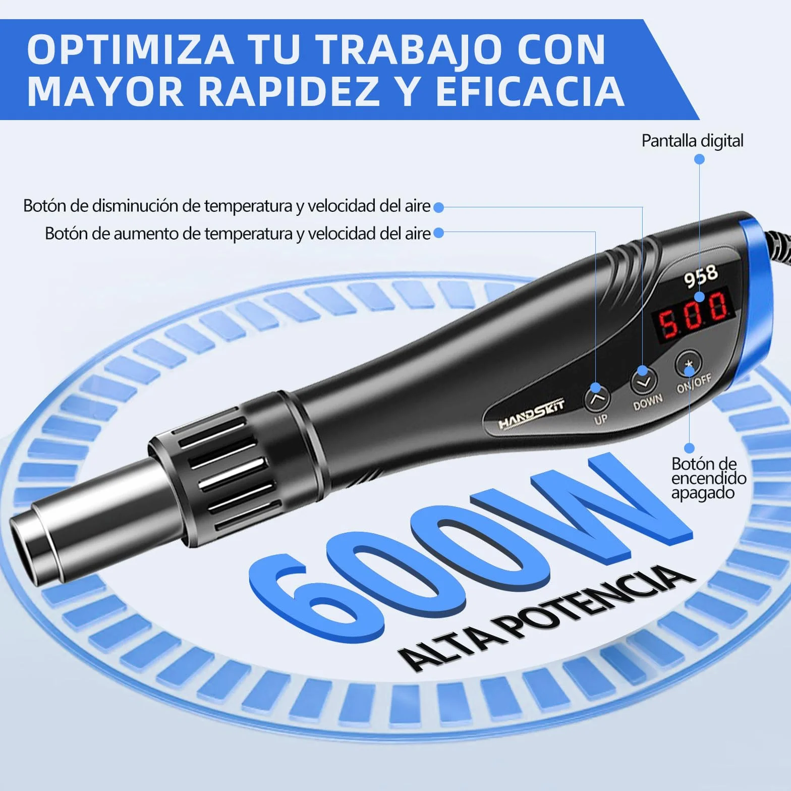 600W Mini Pistola de Aire Caliente Multifunción con Pantalla LED Digital,Pistola de Calor Portátil Temperatura Ajustable 100℃- 500℃,Pistola de Calor con Doble Protección,7 Accesorios de Boquilla