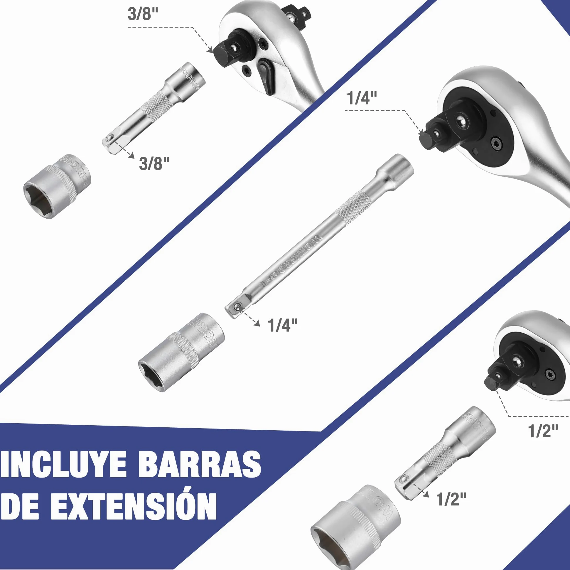 WORKPRO Caja Herramientas, Juego de Llaves de Vaso de 22 Piezas con Mango de Trinquete, Llave de Carraca de 1/4”, 3/8”, 1/2”, Llaves de Vaso Métricas de Acero C-V con Barras de Extensión, con Estuche