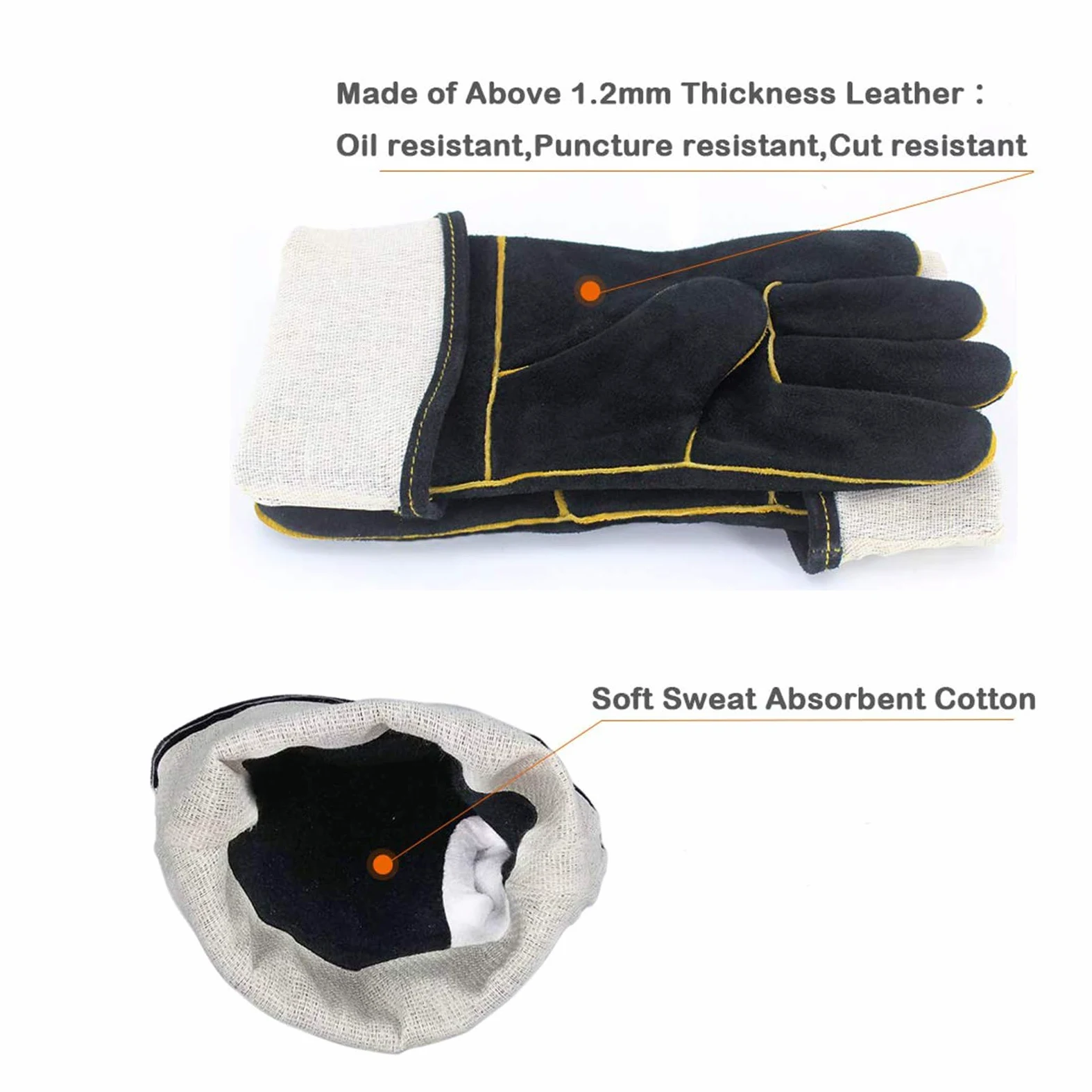 Guantes de fuego para quemadores de leña, guantes de barbacoa de cuero ignífugo, guantes resistentes al calor para barbacoa, soldadura, chimenea, guante grande para horno, horno, estufa, soporte para