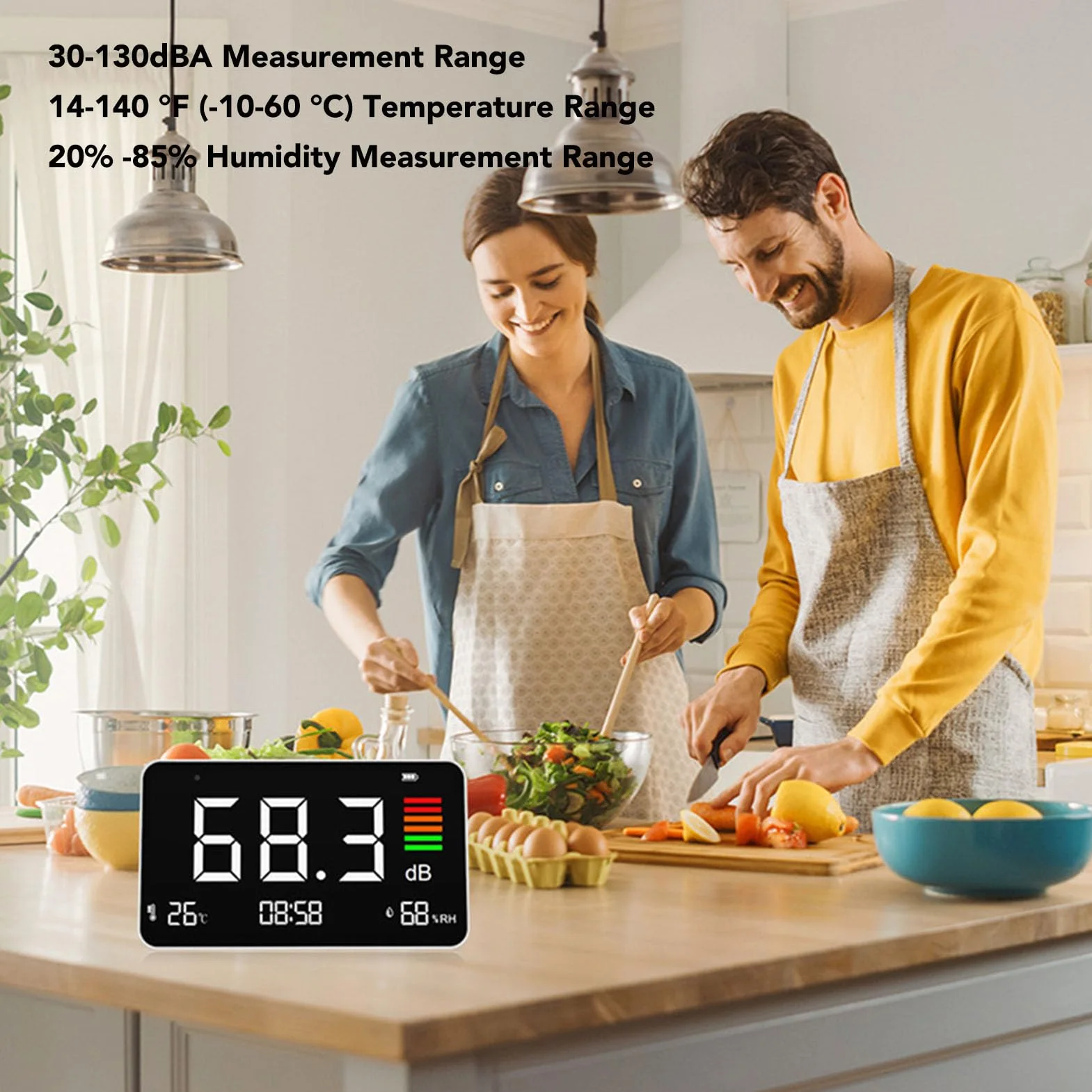 Medidor Digital de Decibelios, Medidor de Nivel de Sonido de Escritorio 30-130dBA con Detección de Humedad de Temperatura, Pantalla LED Medidor de Humedad de Temperatura de