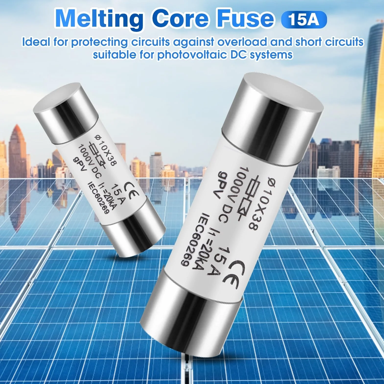 DEWIN Fusibles fotovoltaicos 10 Piezas 15 A 10X38 mm 1000 V DC para protección solar