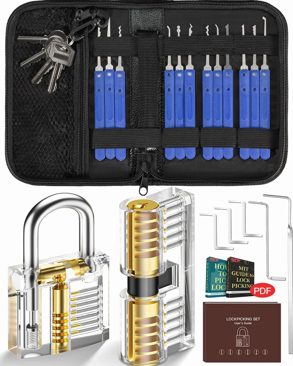 IPSXP Juego de Ganzúas 25 Piezas con 2 Cerraduras Transparente de Capacitación en Bolsa de Cuero Portátil, Lock Pick Set de Extracción para Principiantes y Cerrajeros Profesionales