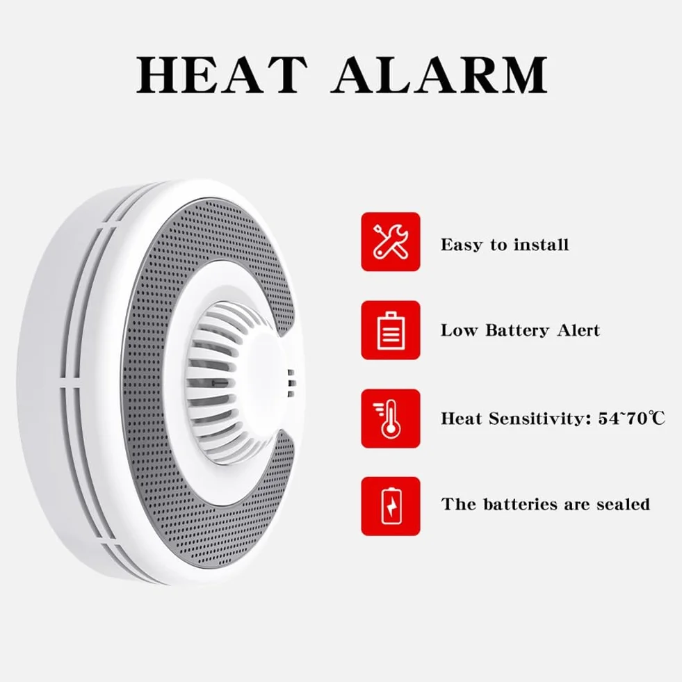 Detector de calor WiFi inteligente con control mediante aplicación Tuya, alarma de calor WiFi con batería de litio sellada de 10 años, BS 5446-2, VH03W