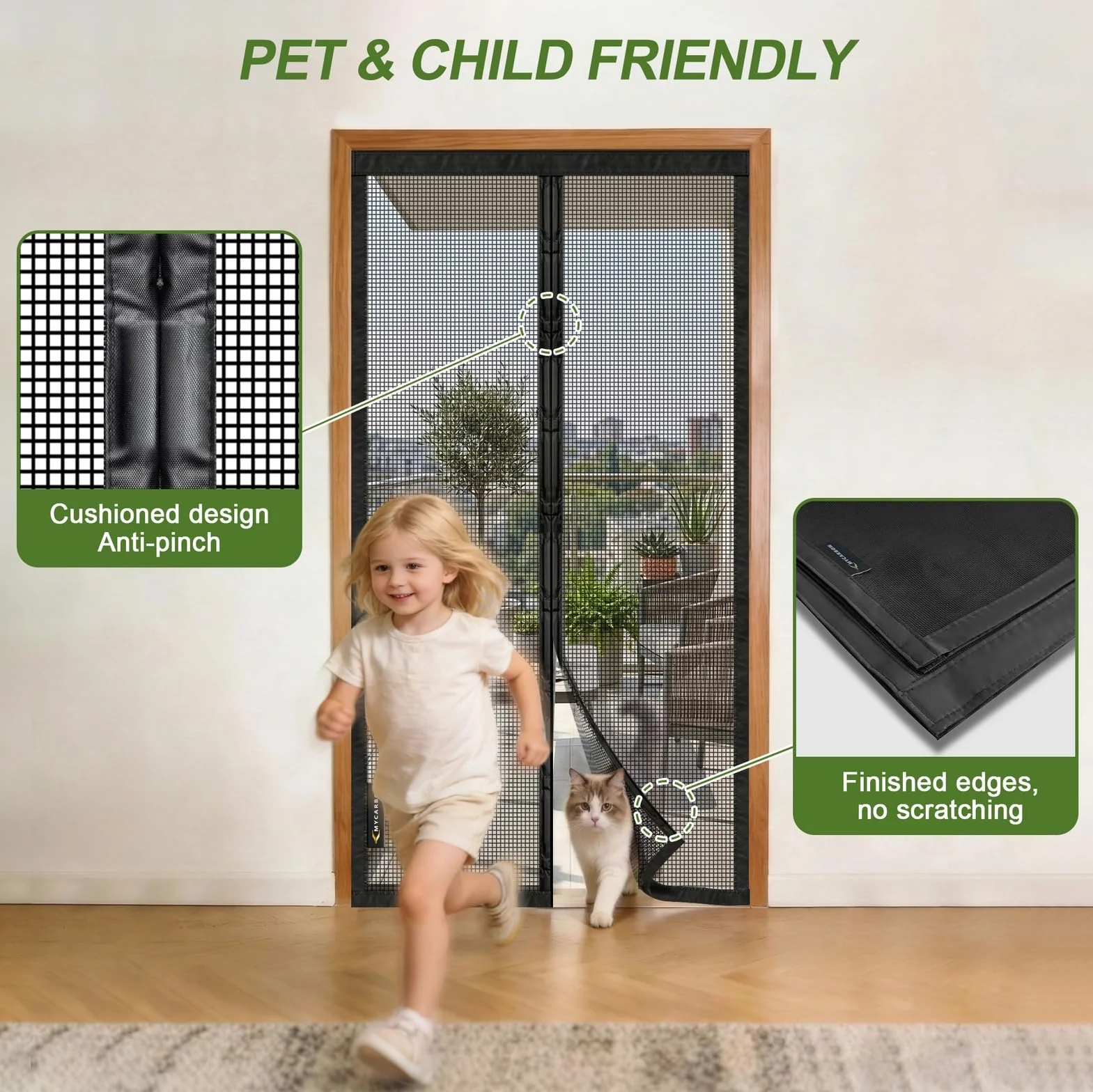 MYCARBON Mosquitera Puerta Magnetica de Fibra de Vidrio Material Ignífugo Mosquiteras para Puertas Resistente a Arañazos de Gatos, Anti UV, con Cinta Adhesiva, 120x220cm, Negra