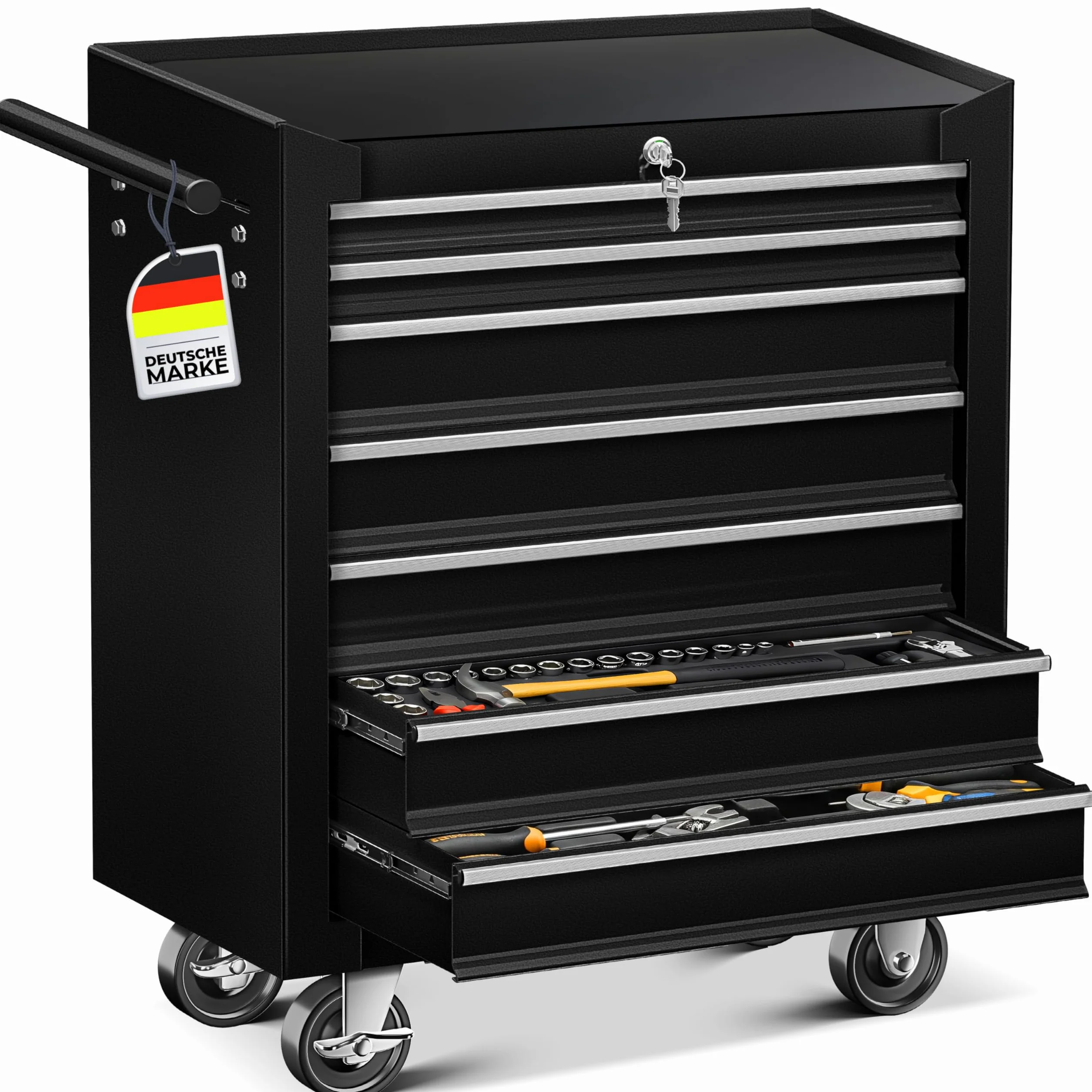 MASKO Carro de Taller 7 Cajones Negro Metal Macizo con Cerradura Móvil Profesional