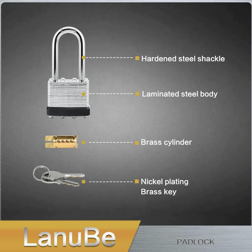 LanuBe Candado laminado con llave (1-9/16 pulgadas, 40 mm), cerraduras con llave igual, grillete largo, aro de plástico negro marcado, paquete de 24