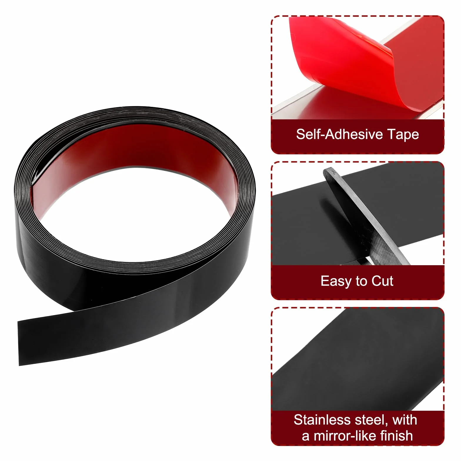 QUARKZMAN 5m x 40mm Moldura de Pared, Tira de Acero Inoxidable Acabado Espejo Autoadhesivo, Moldura de Tira con Guante y Tarjeta para Pared, Suelo, Borde de Azulejos, Negro