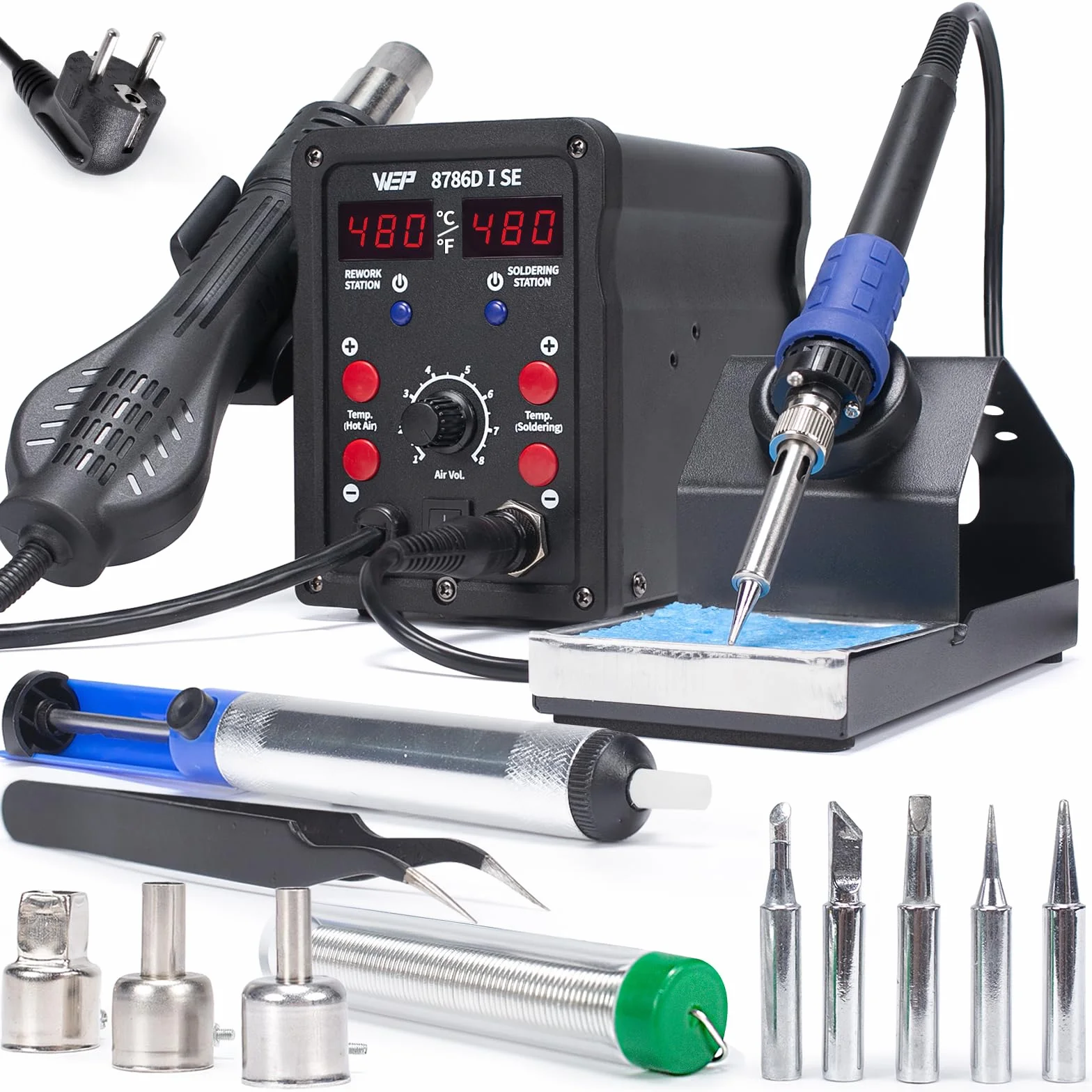 WEP 8786D-I SE Kit estación de soldadura con aire caliente 2-en-1para reparación desoldado con hilo de soldadura sin plomo 5 puntas de soldadura 3 boquillas de aire caliente bomba desoldadora(EU Plug)