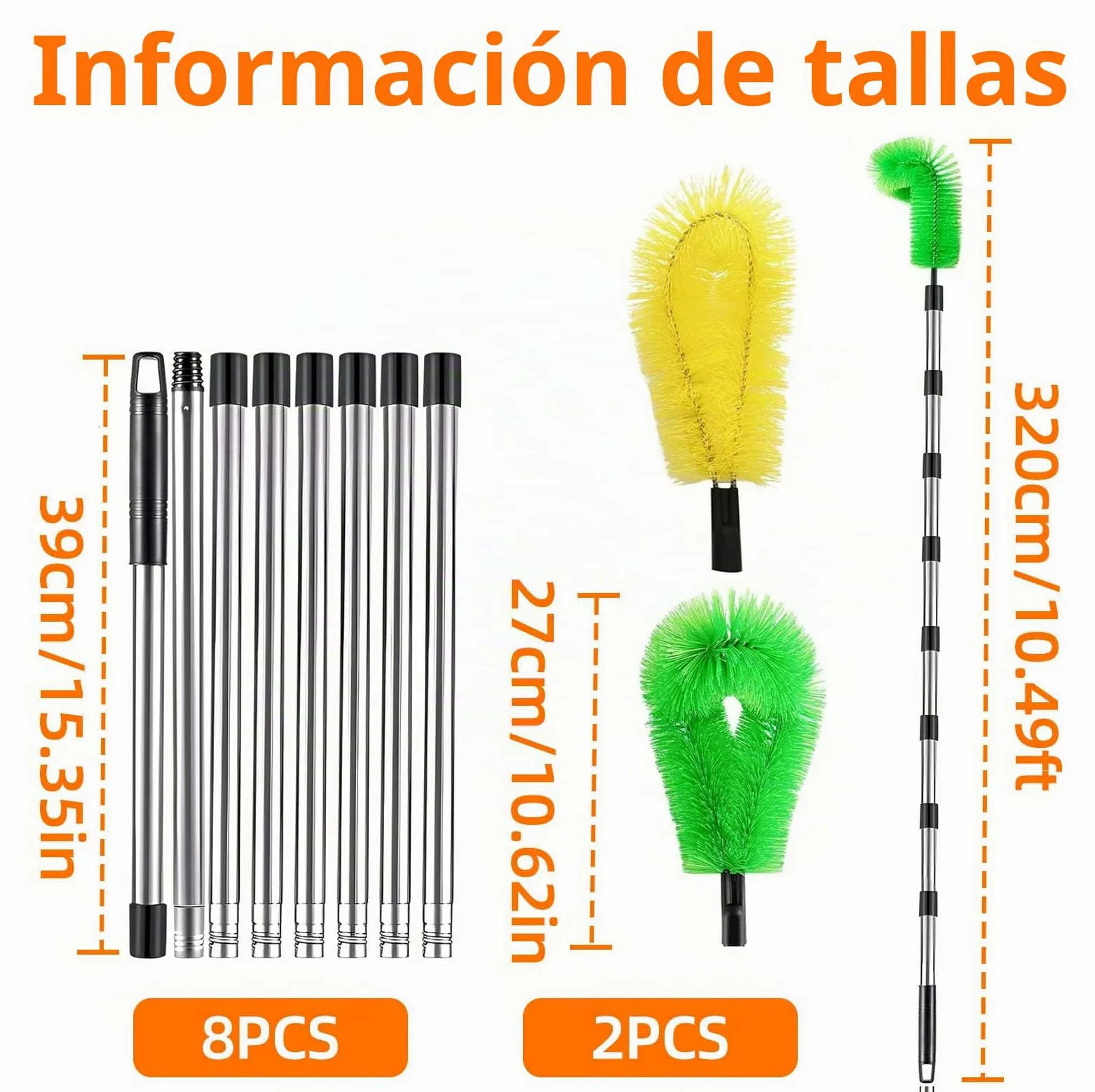 Herramienta Limpieza Canalones con 8 Poste Telescopico Acero Inoxidable, Limpiador Hojas Techos Extensible 310 cm, Cepillo Limpiar Nieve Tejado (Verde+ Amarillo)